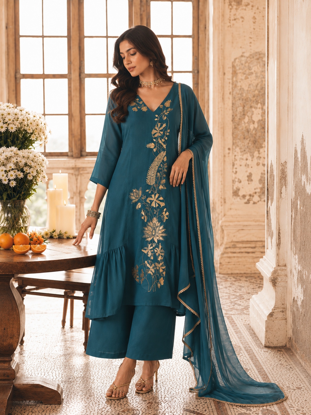 Blue Floral Sequins Mal Chanderi Salwar Suit