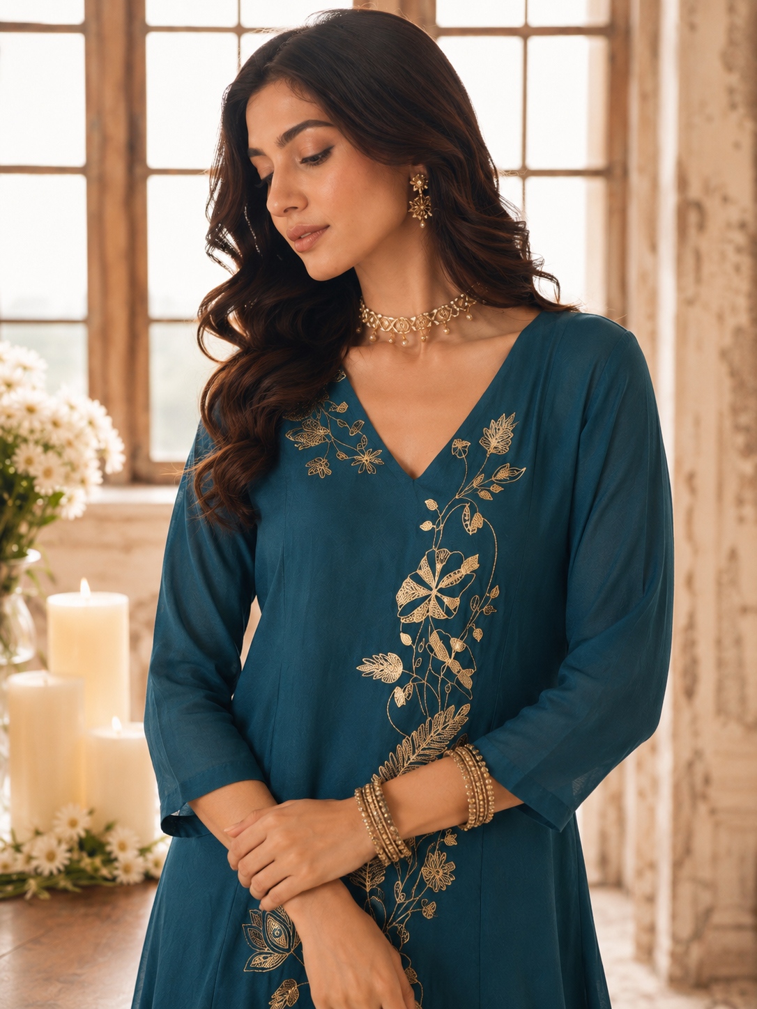 Blue Floral Sequins Mal Chanderi Salwar Suit — alternate view