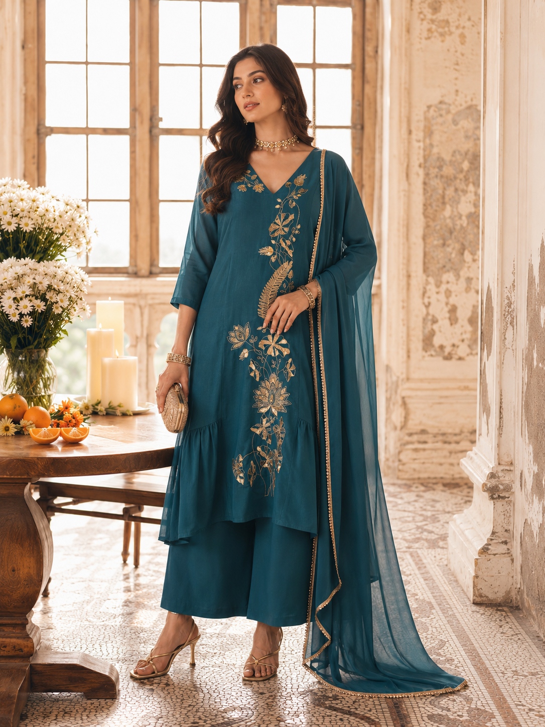Blue Floral Sequins Mal Chanderi Salwar Suit