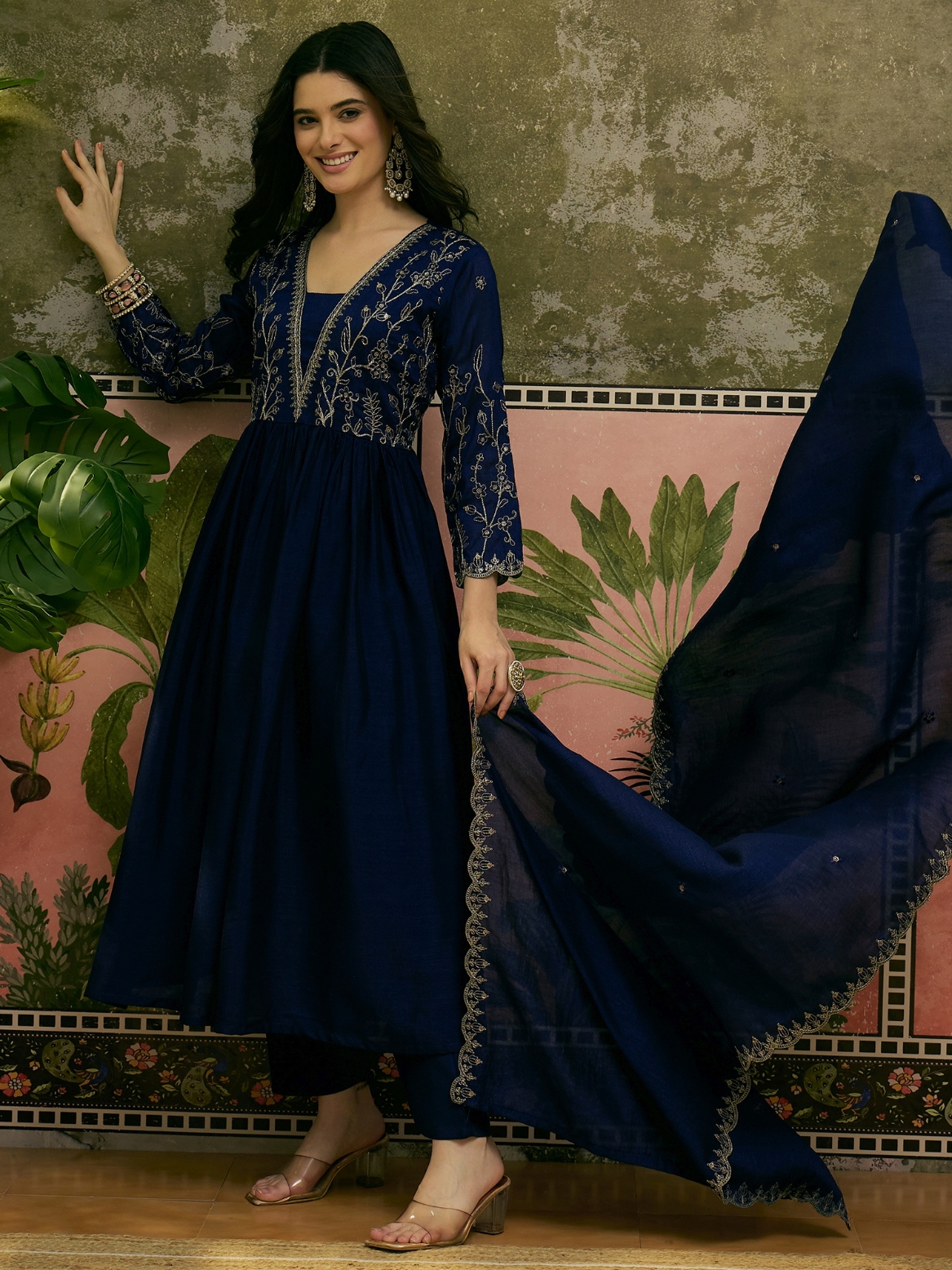 Blue Floral Thread Vichitra Silk Anarkali Suit