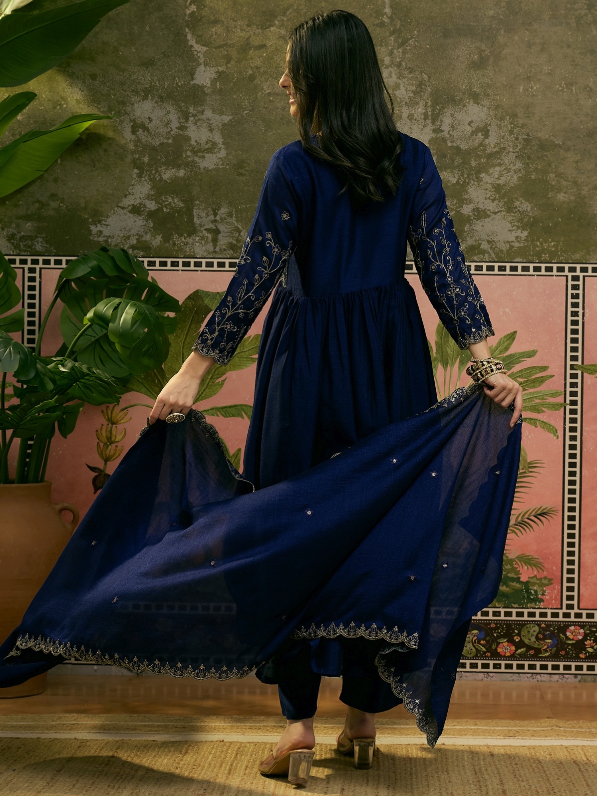 Blue Floral Thread Vichitra Silk Anarkali Suit — alternate view