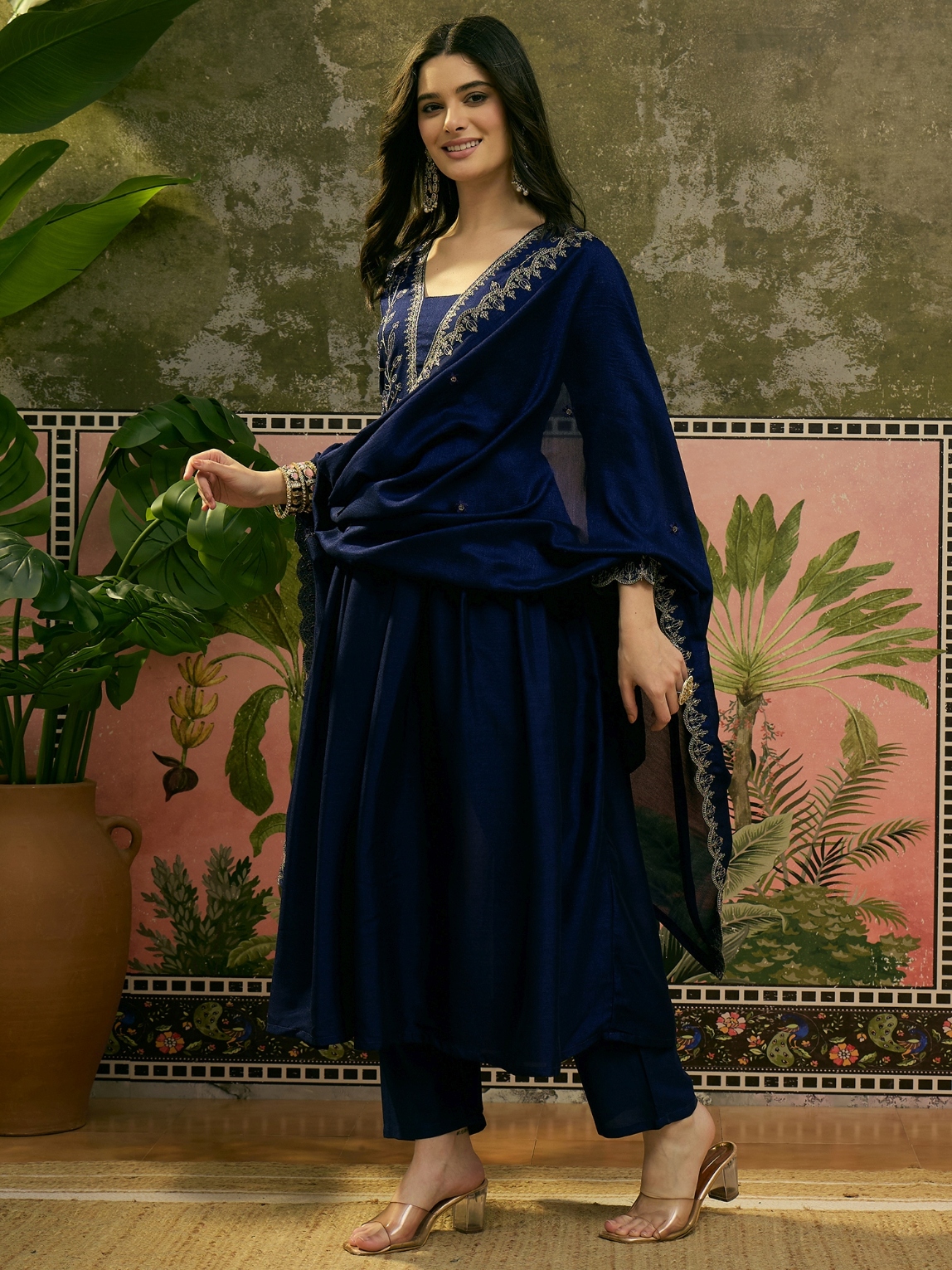 Blue Floral Thread Vichitra Silk Anarkali Suit