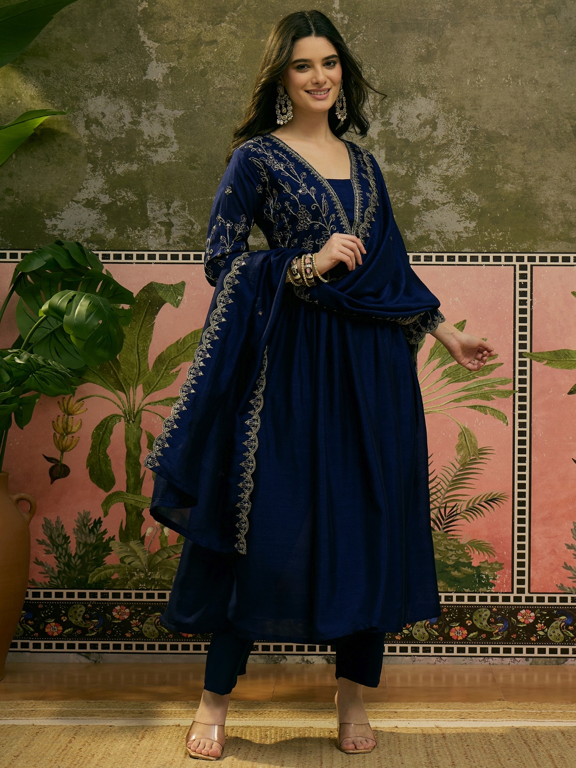 Blue Floral Thread Vichitra Silk Anarkali Suit