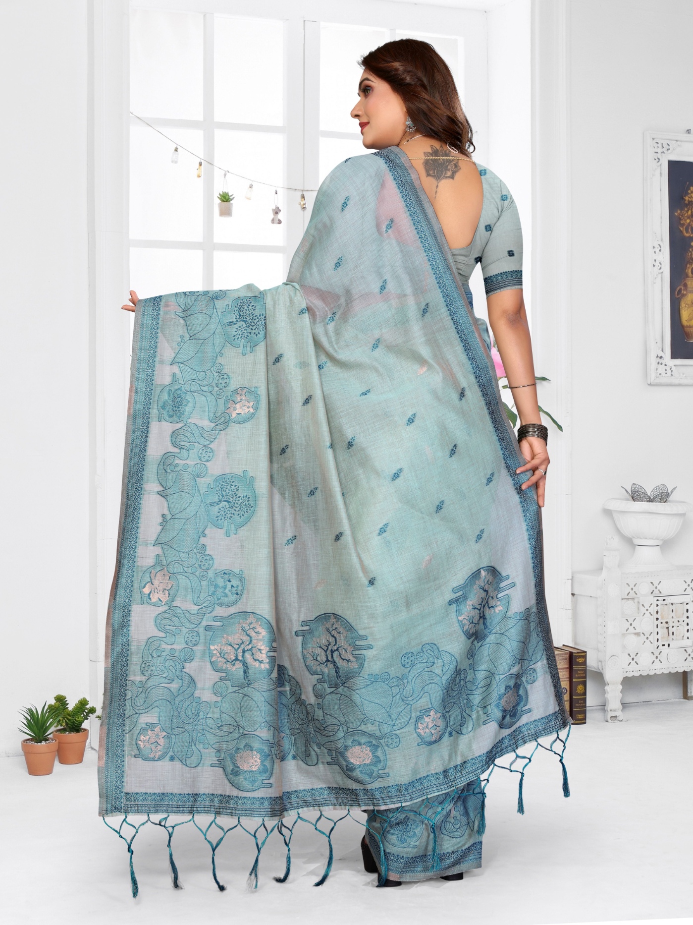 Blue Floral Weaving Spun Cotton Saree — alternate view