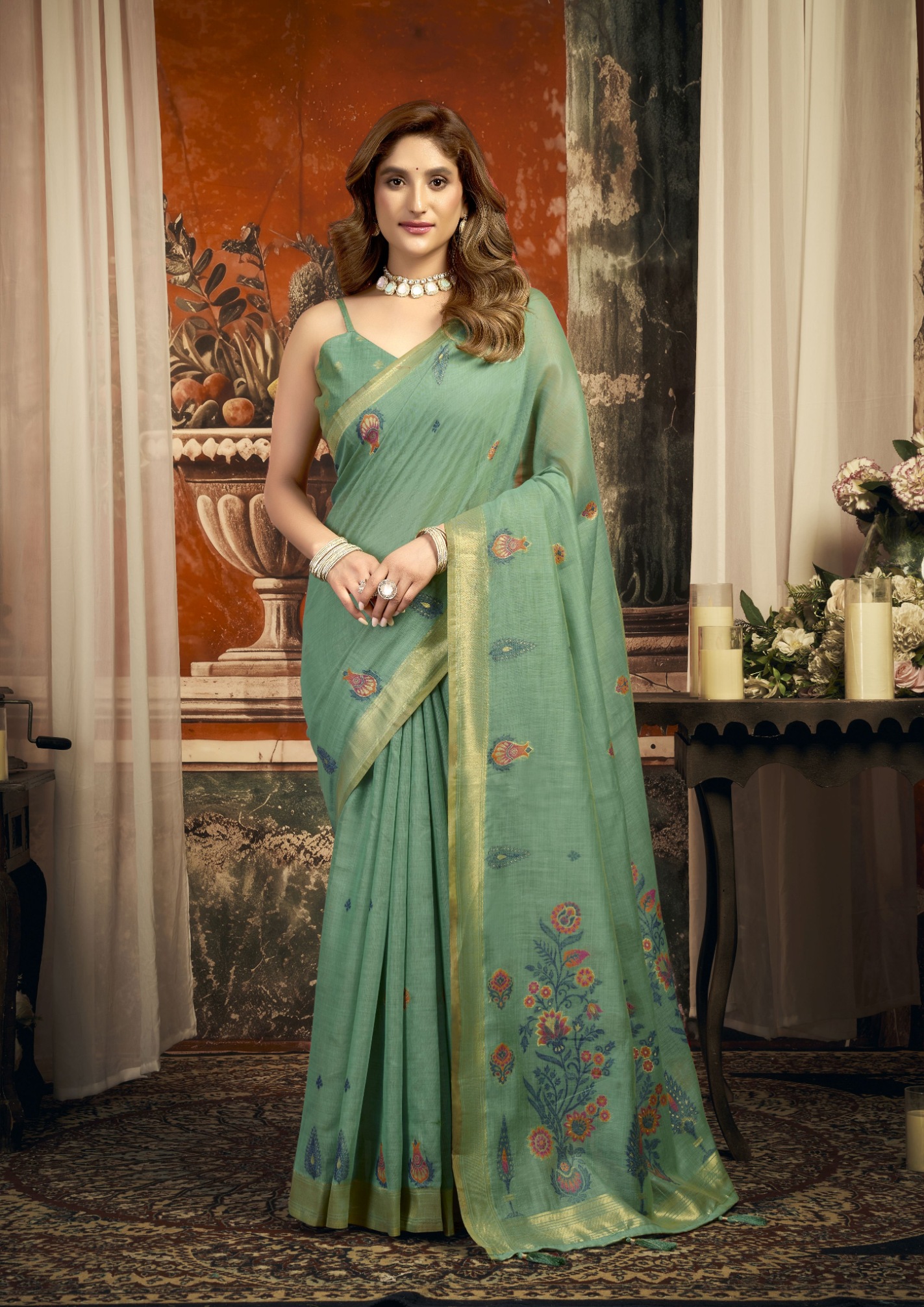 Blue Floral Woven Puri Cotton Saree