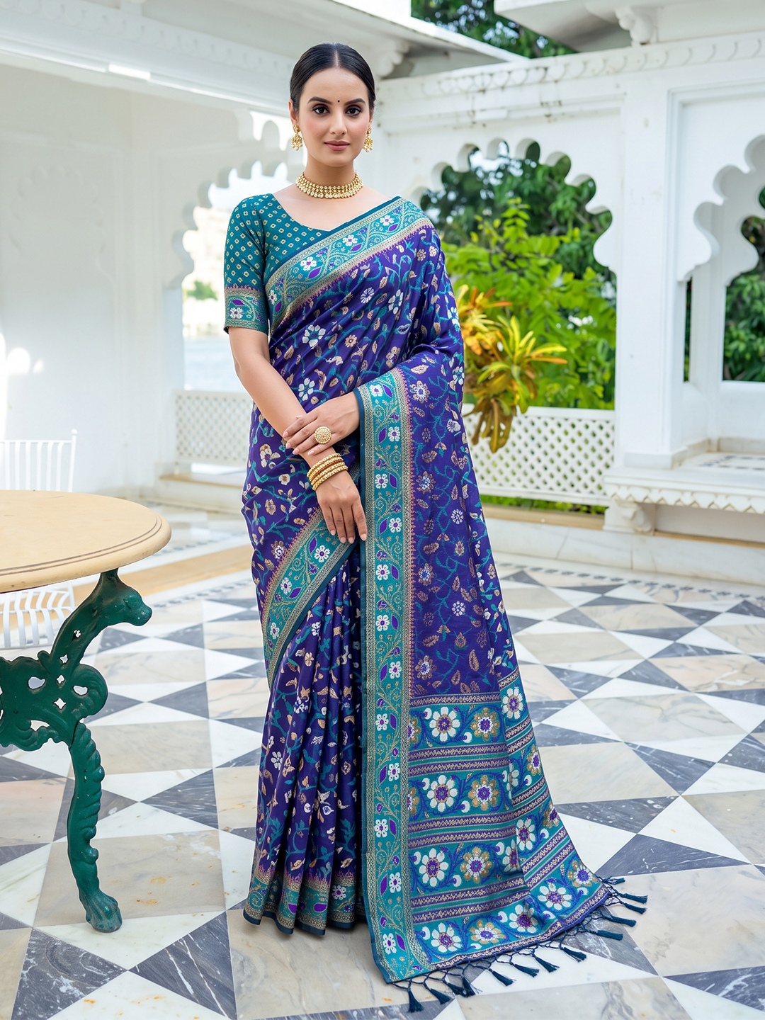 Blue Floral Woven Silk Saree