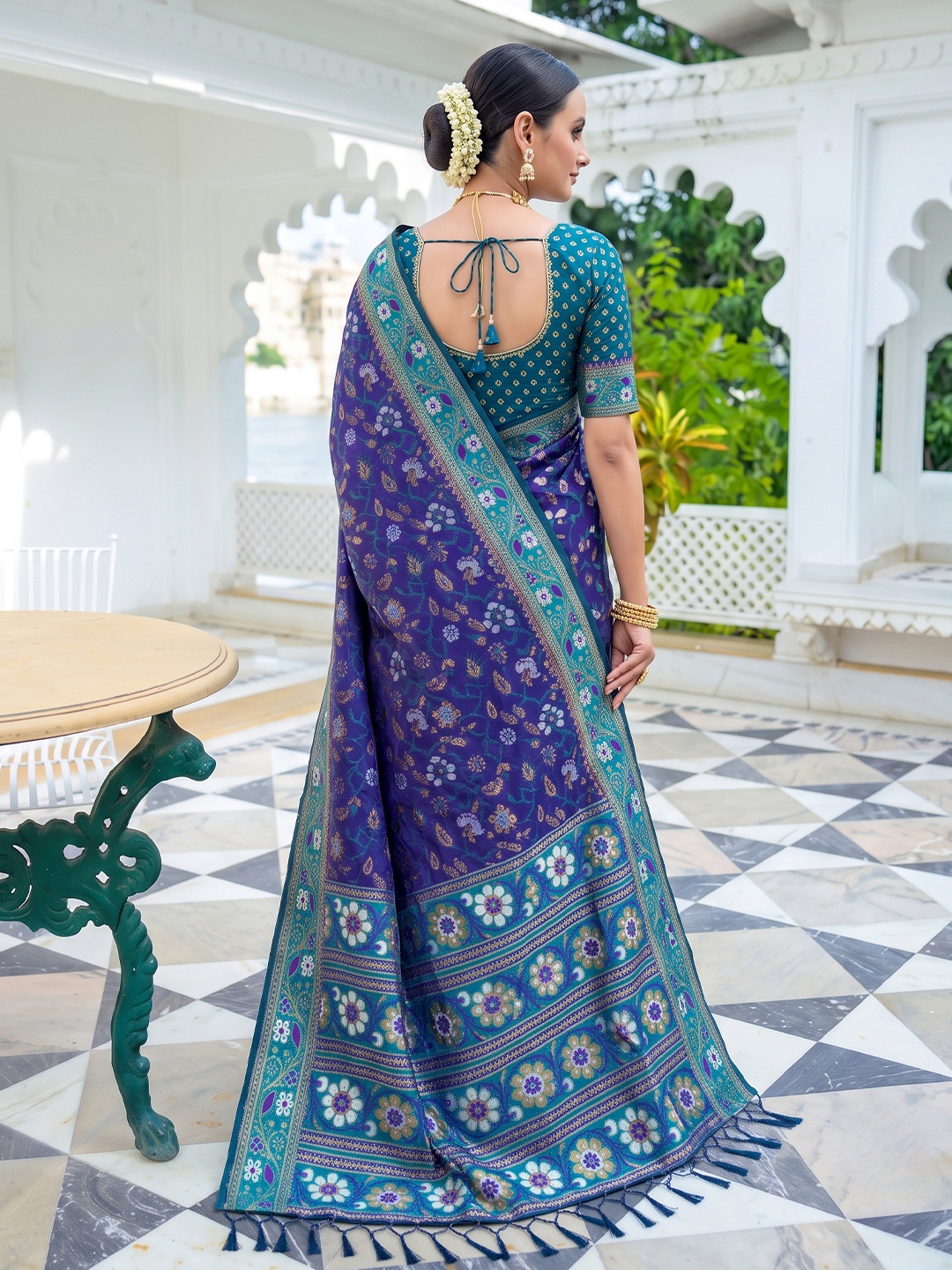 Blue Floral Woven Silk Saree — alternate view