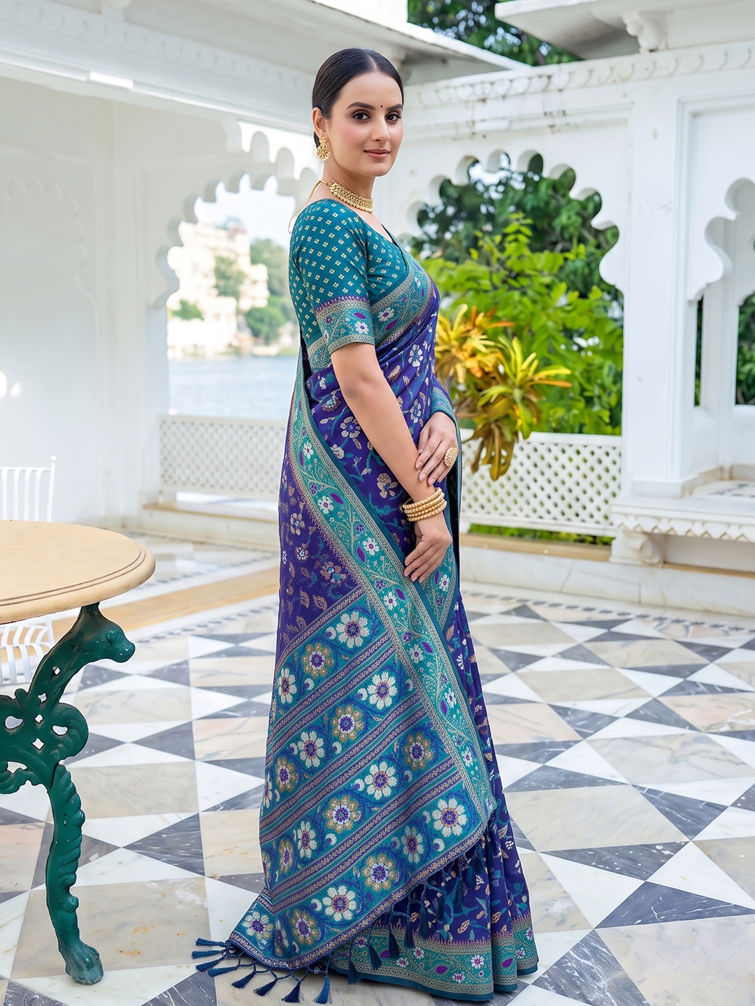 Blue Floral Woven Silk Saree