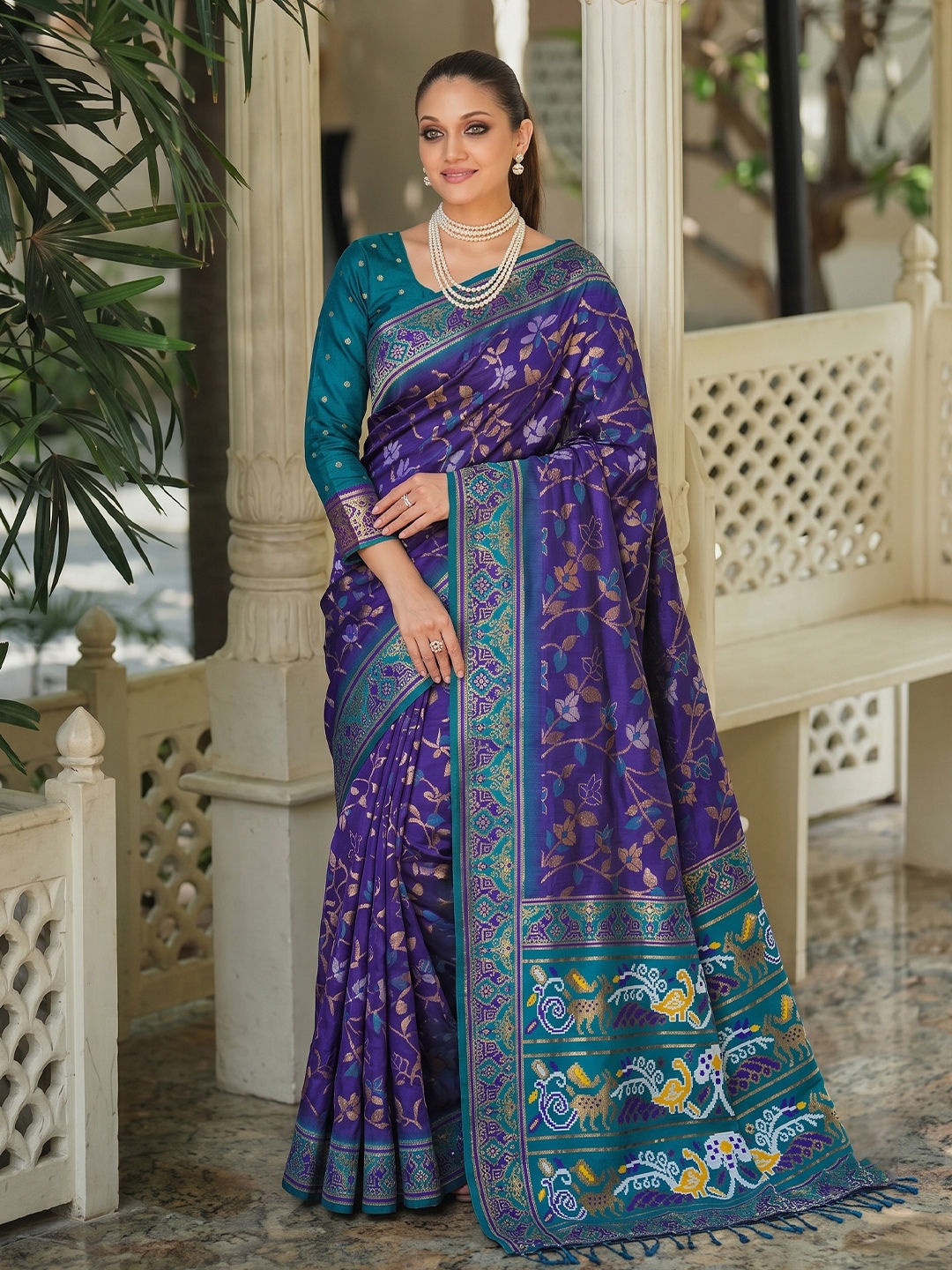 Blue Floral Woven Silk Saree