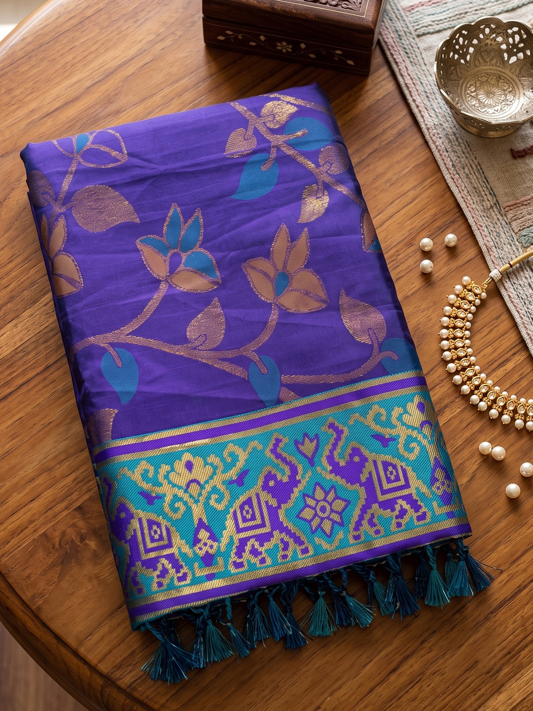Blue Floral Woven Silk Saree
