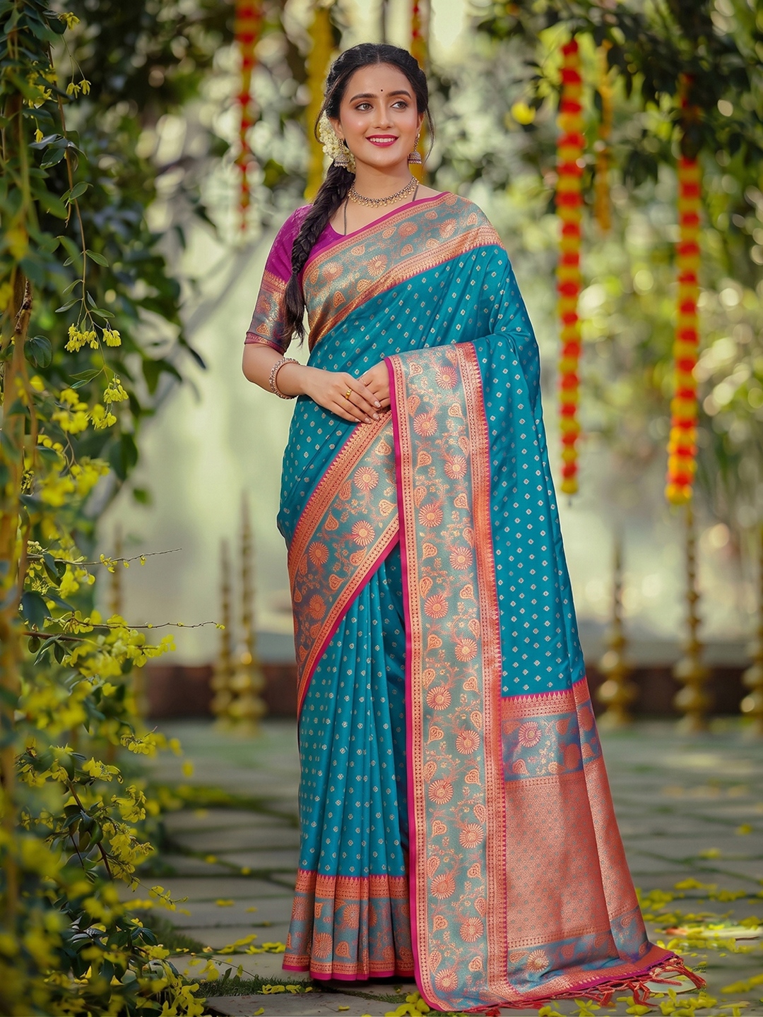 Blue Floral Woven Zari Silk Saree