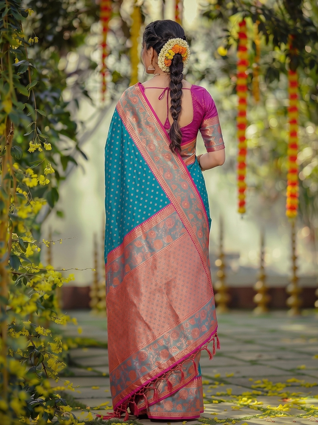 Blue Floral Woven Zari Silk Saree — alternate view