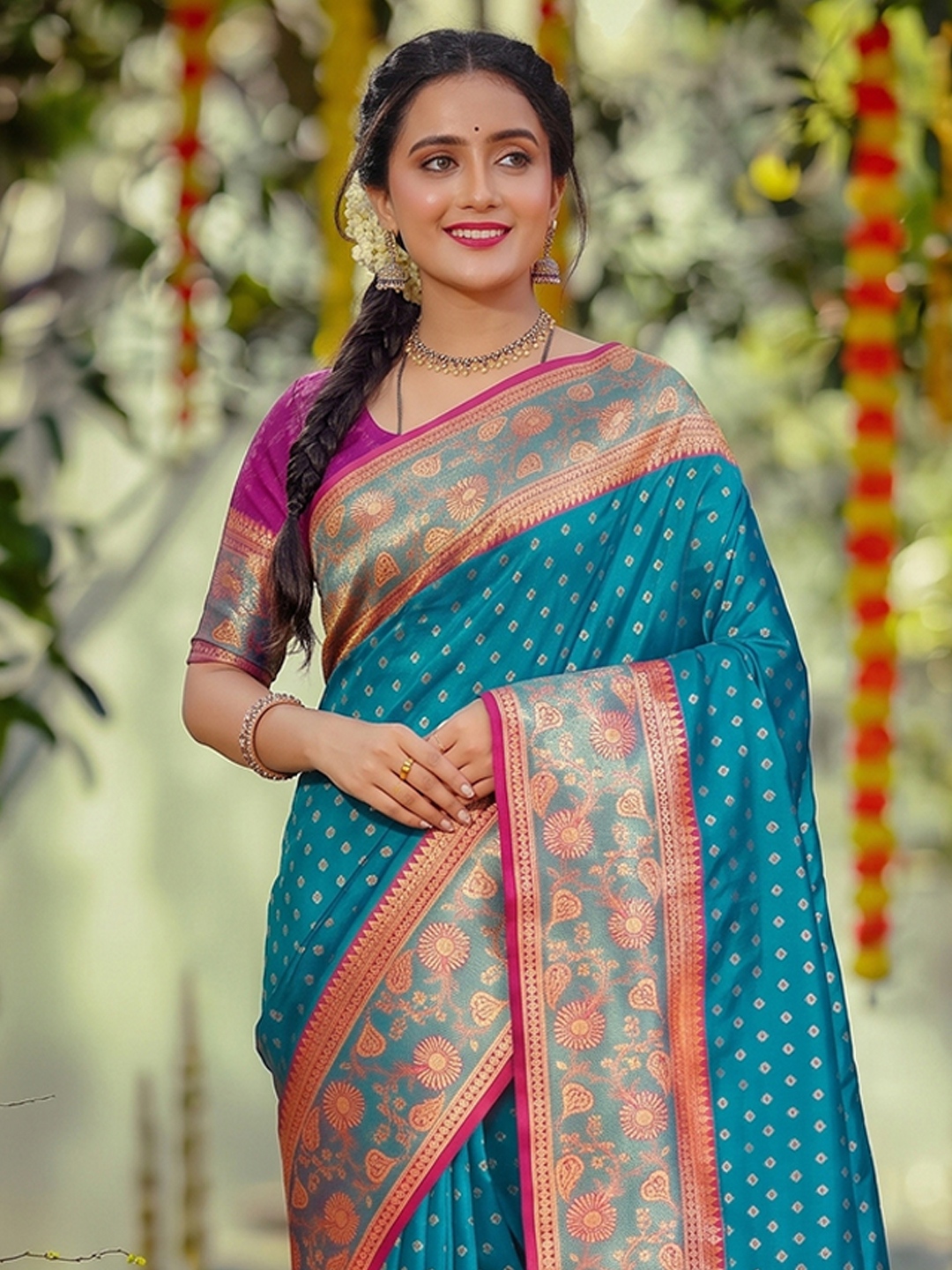 Blue Floral Woven Zari Silk Saree