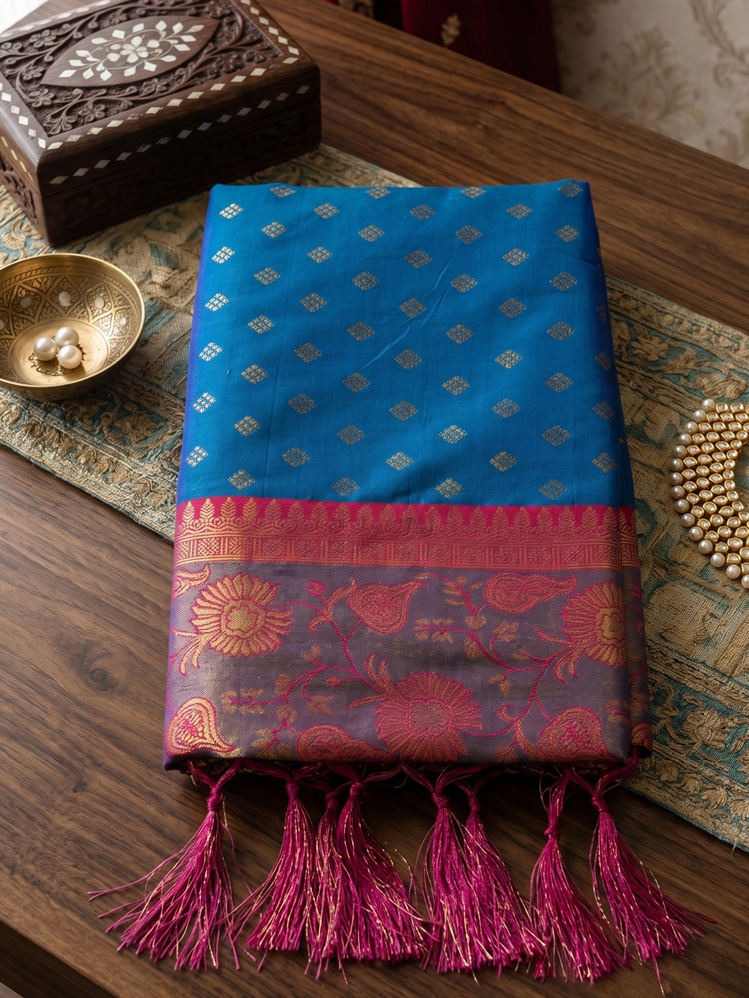 Blue Floral Woven Zari Silk Saree