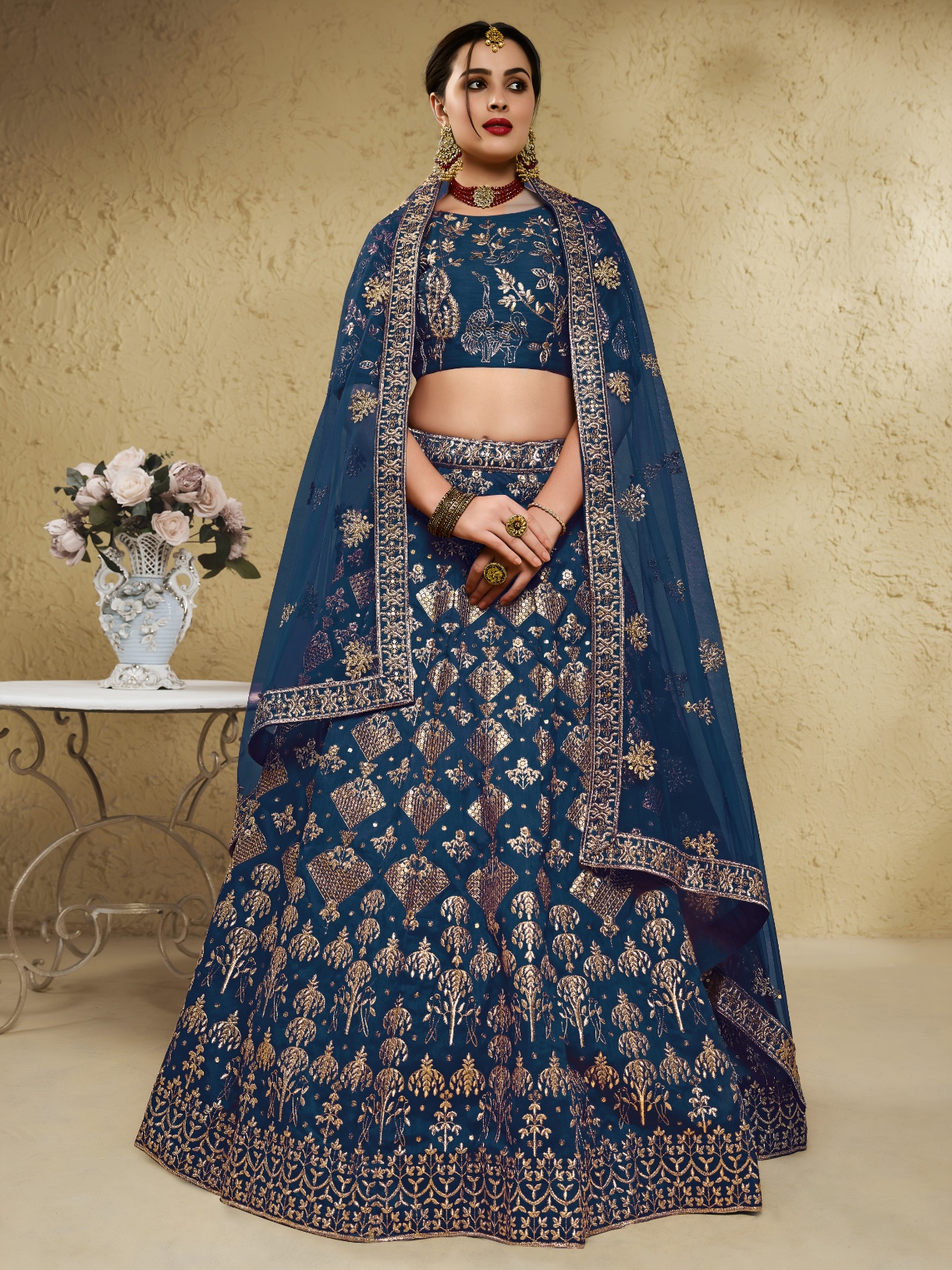 Blue Floral Zari Art Silk Bridal Lehenga Choli