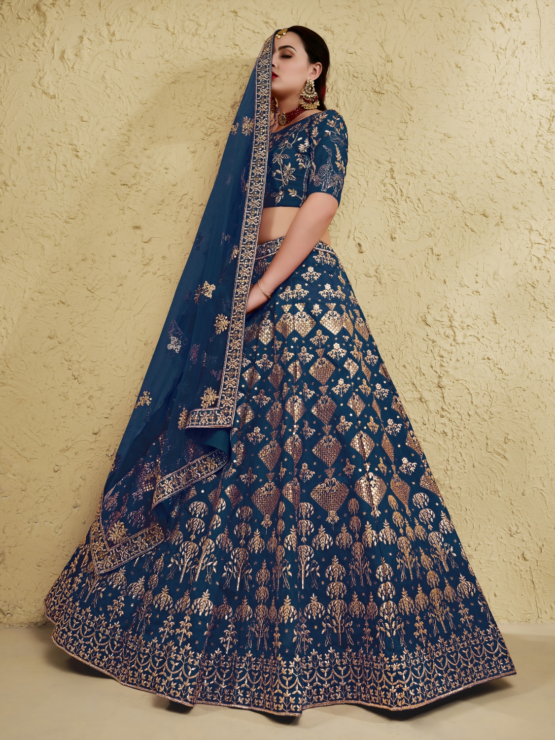 Blue Floral Zari Art Silk Bridal Lehenga Choli — alternate view