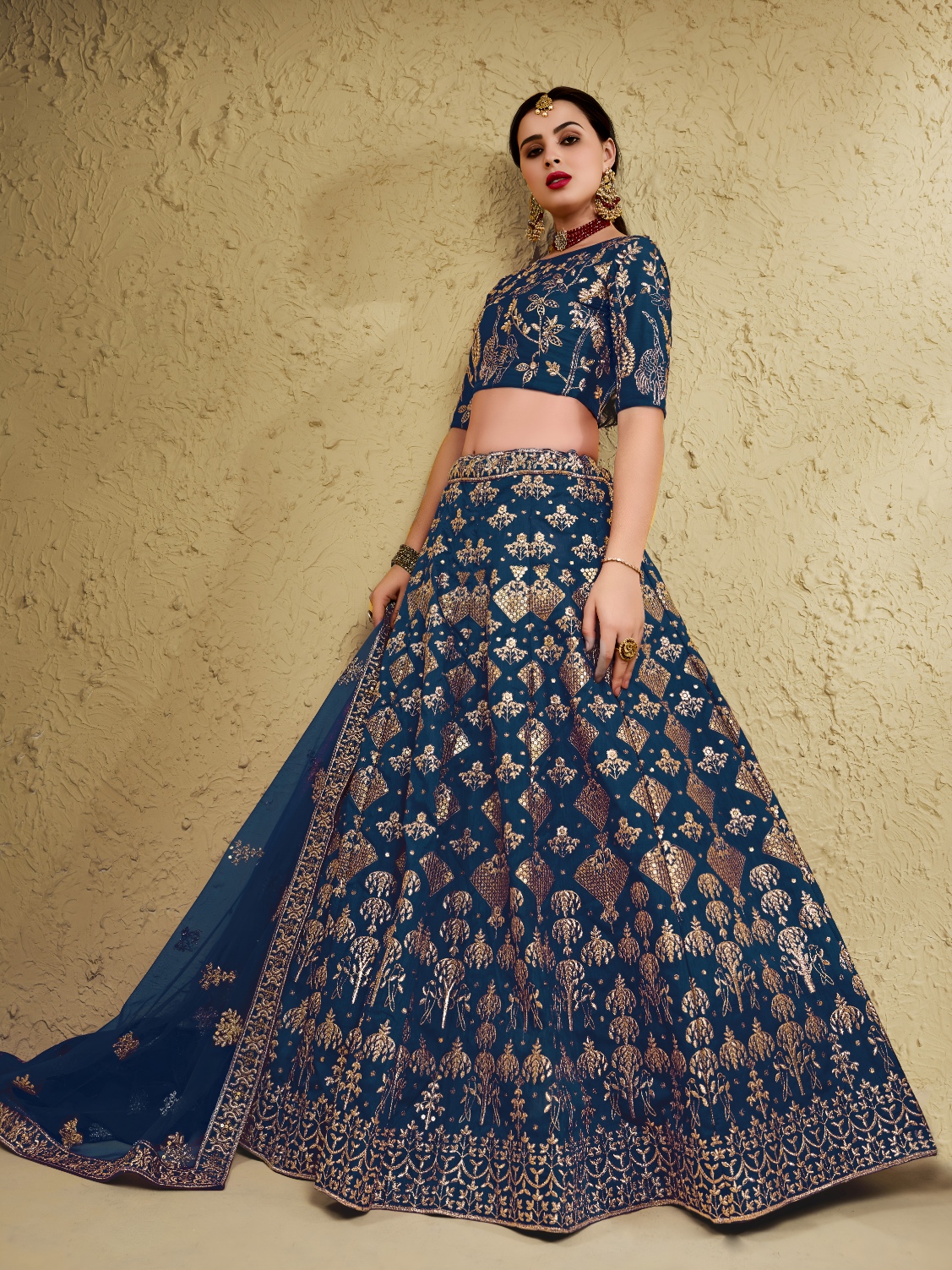 Blue Floral Zari Art Silk Bridal Lehenga Choli
