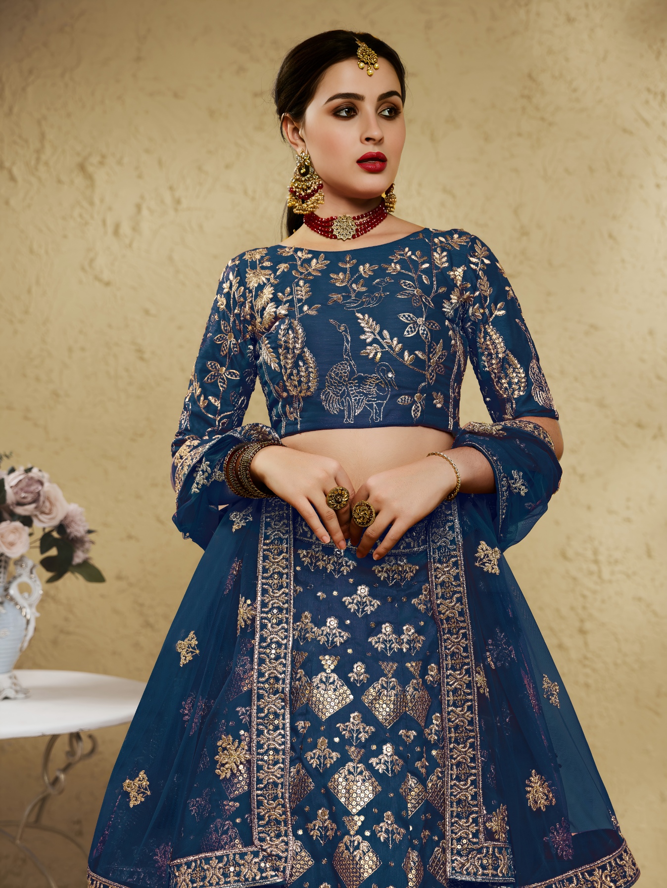 Blue Floral Zari Art Silk Bridal Lehenga Choli