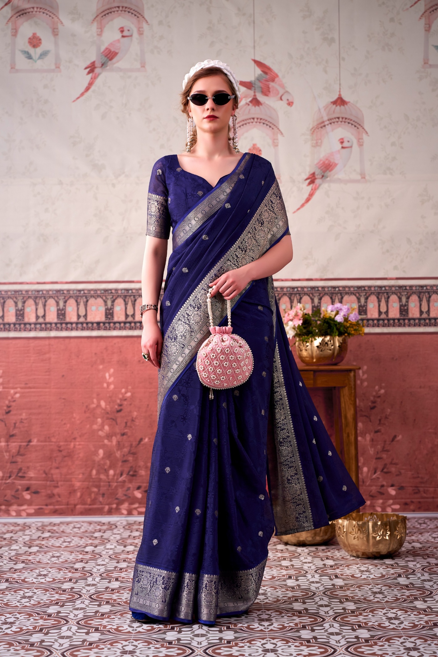 Blue Floral Zari Chinon Saree
