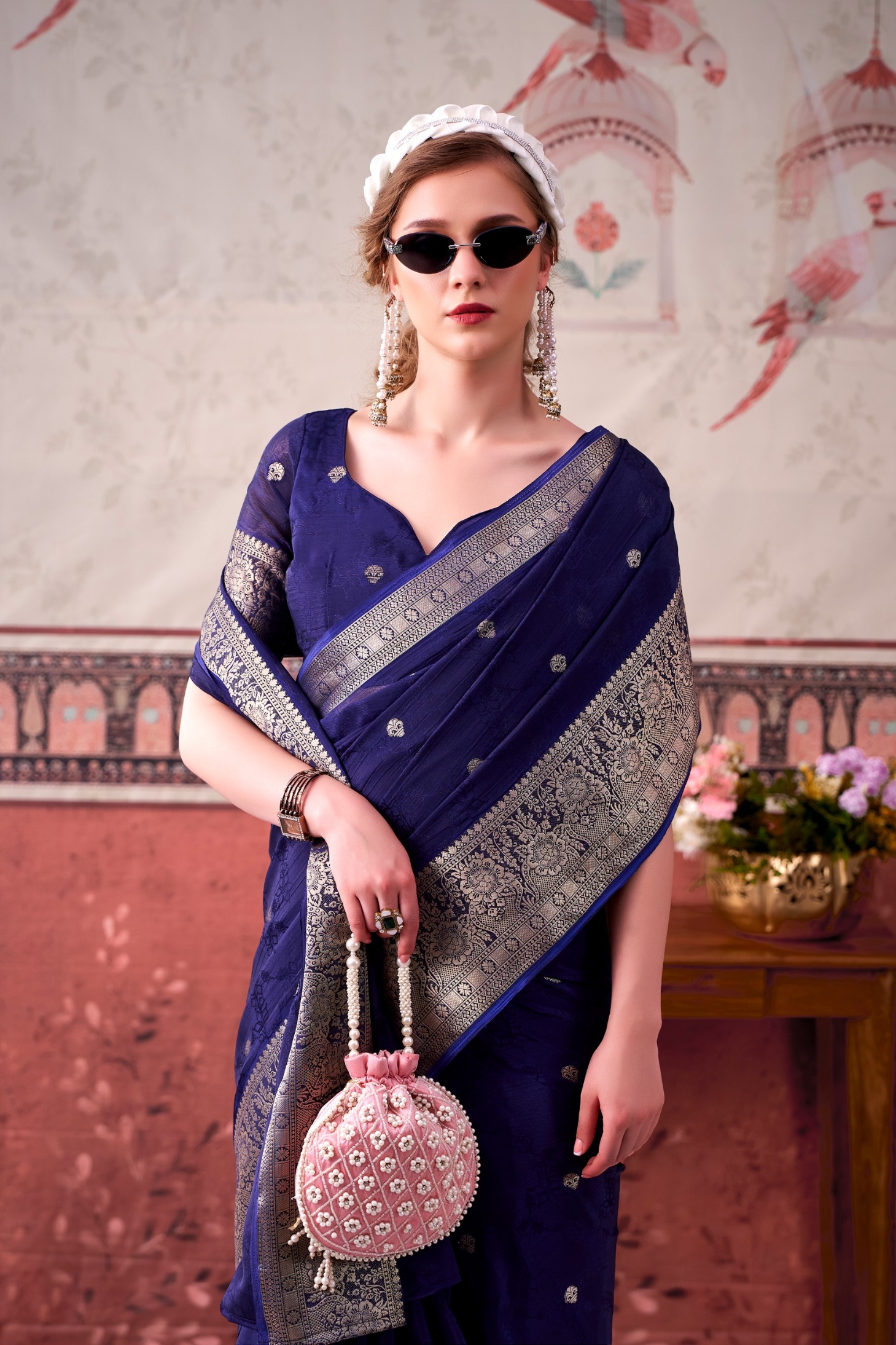 Blue Floral Zari Chinon Saree — alternate view