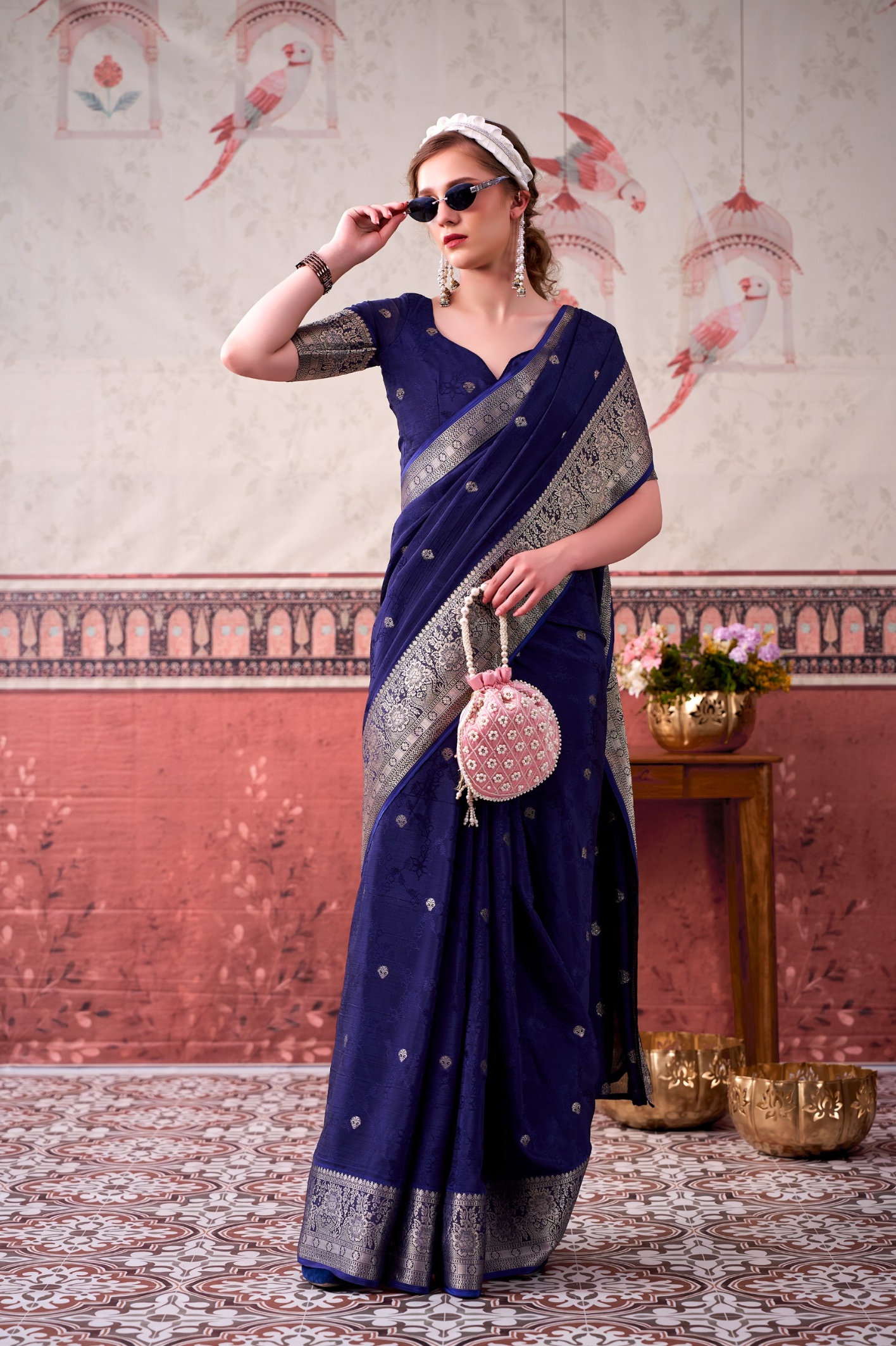 Blue Floral Zari Chinon Saree