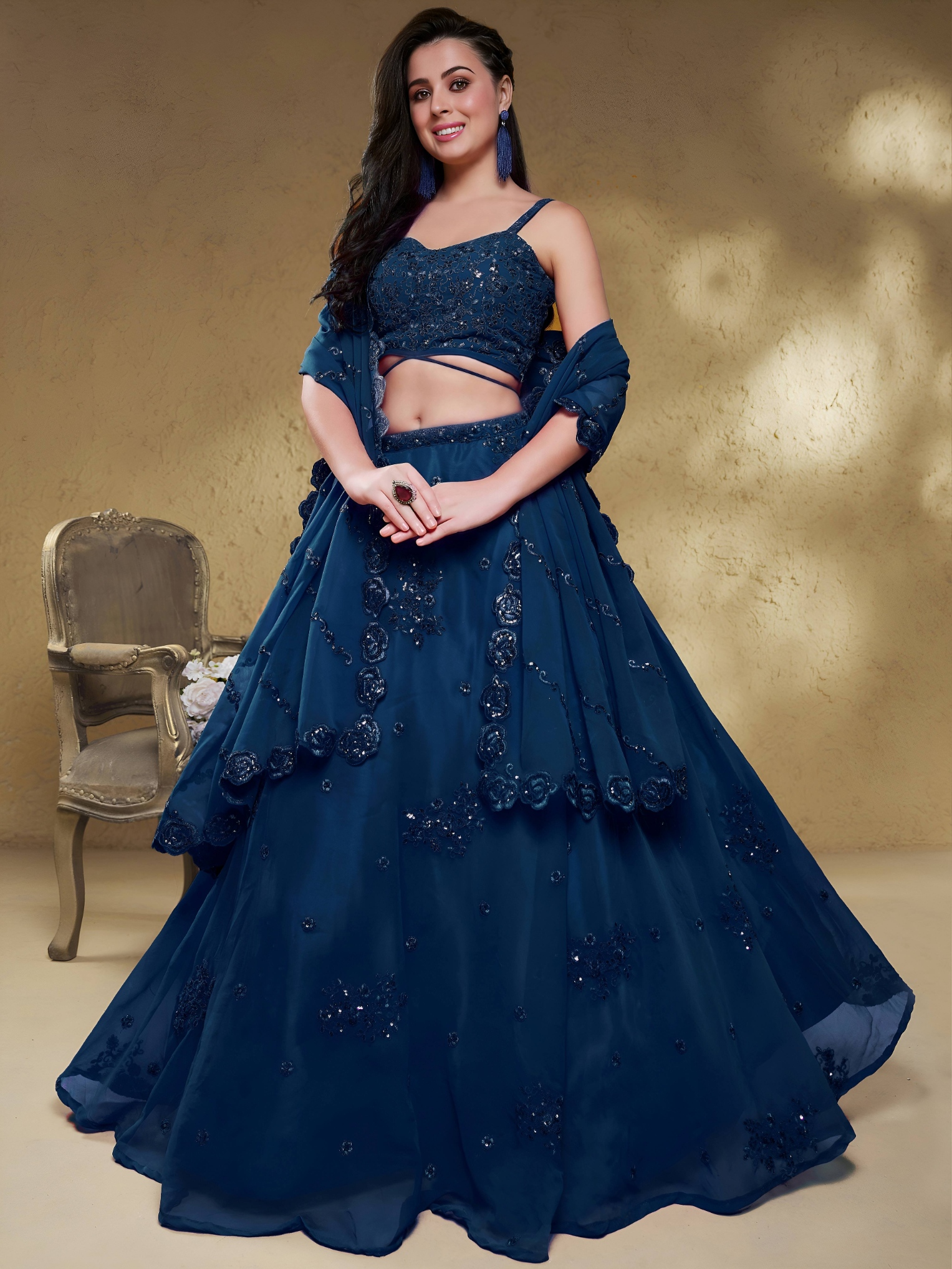 Blue Floral Zari Sequins Georgette Bridal Lehenga Choli
