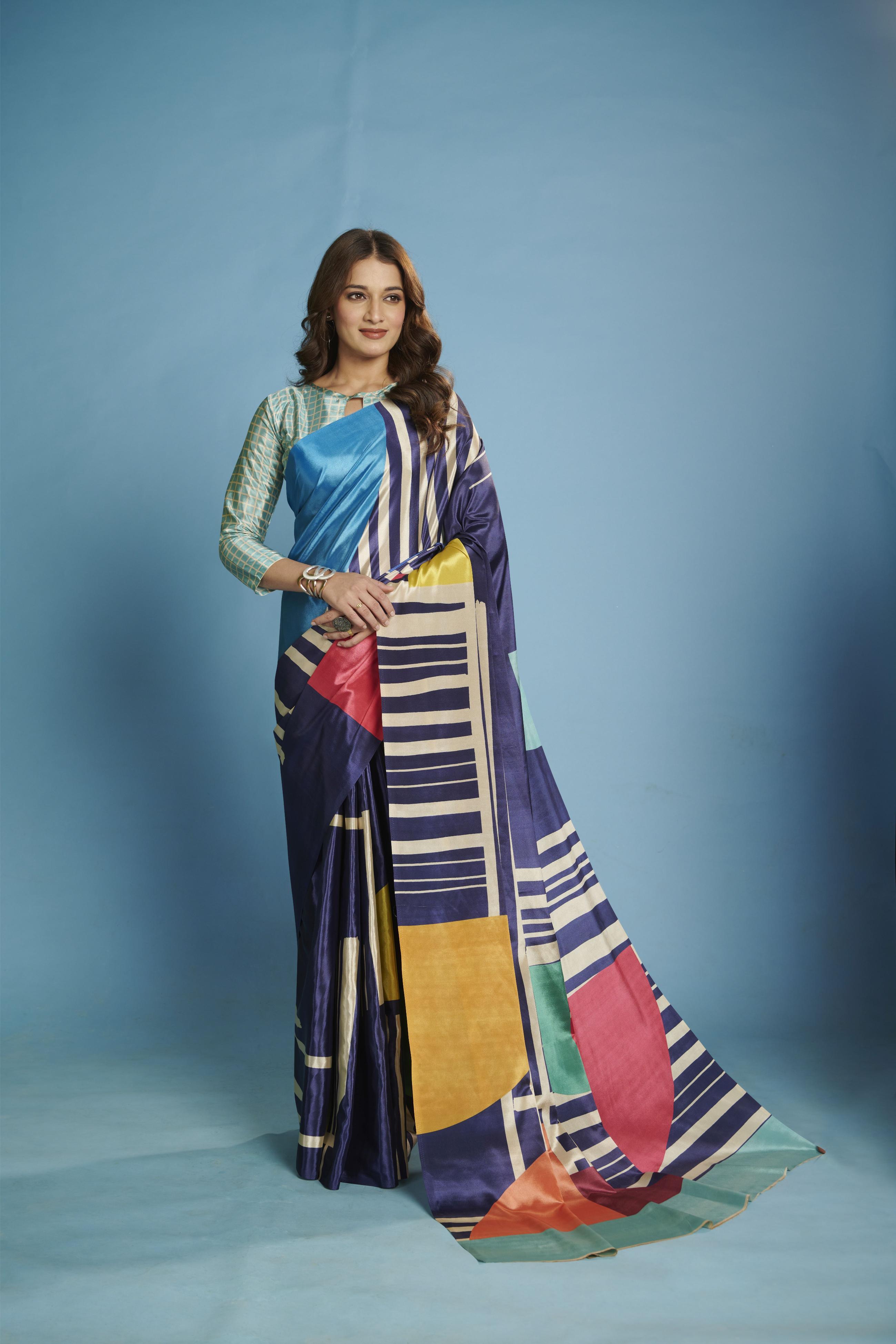 Blue Geometric Design Malai Crepe Silk Saree
