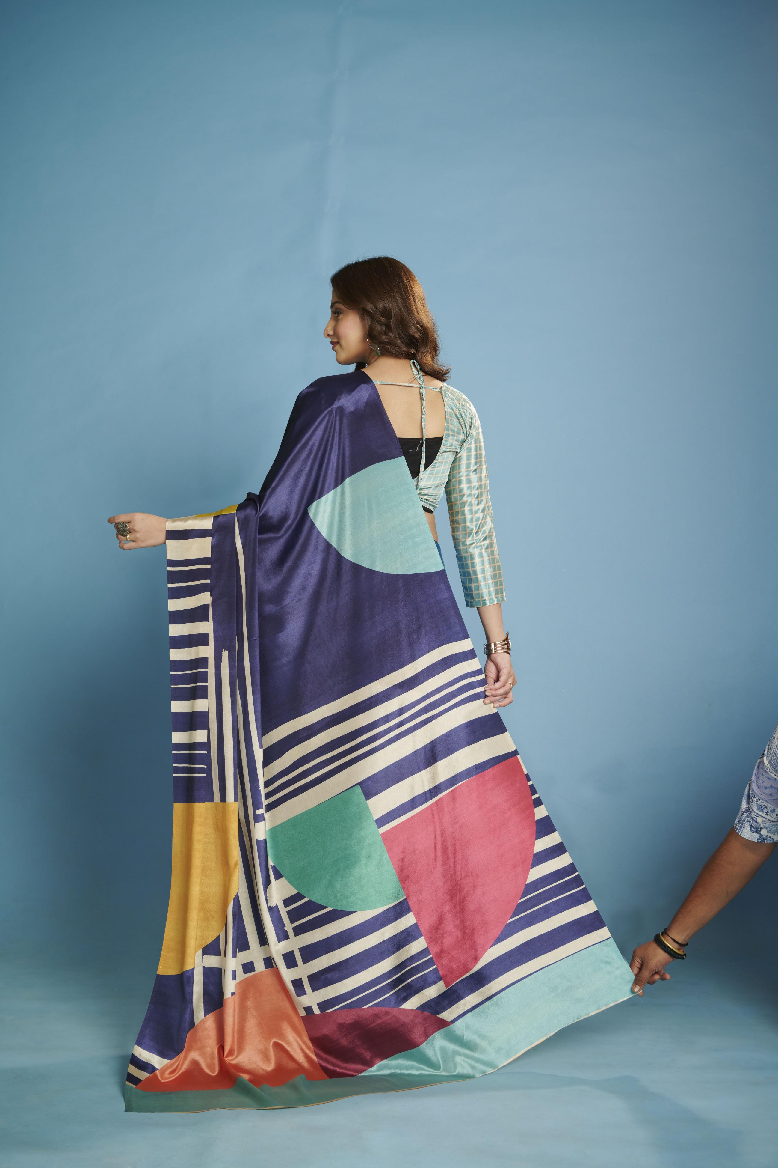 Blue Geometric Design Malai Crepe Silk Saree — alternate view
