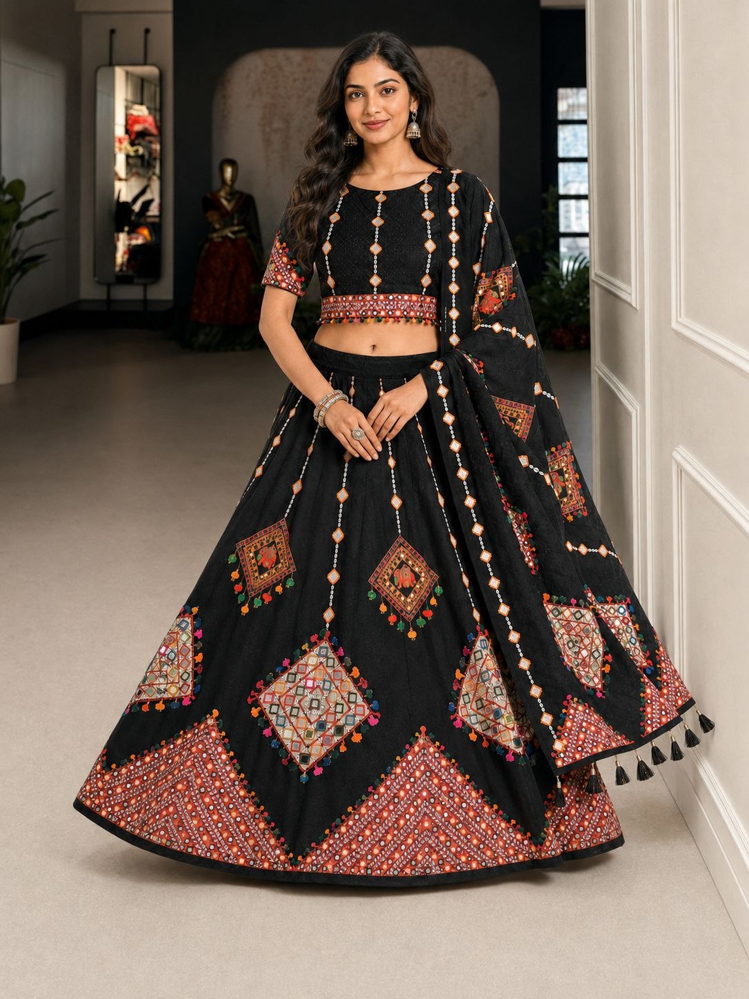 Blue Geometric Designer Cotton Rayon Lehenga Choli