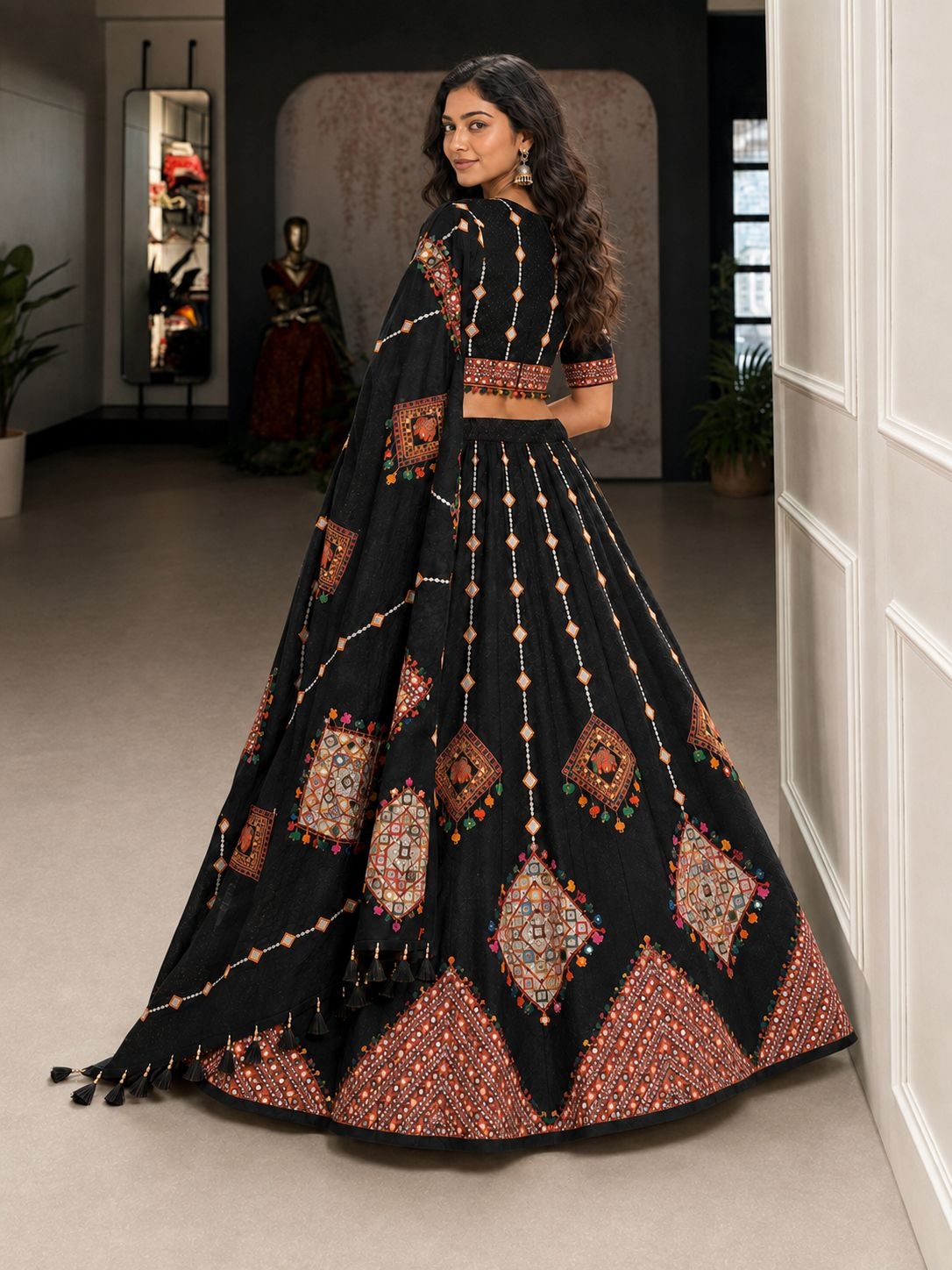 Blue Geometric Designer Cotton Rayon Lehenga Choli — alternate view