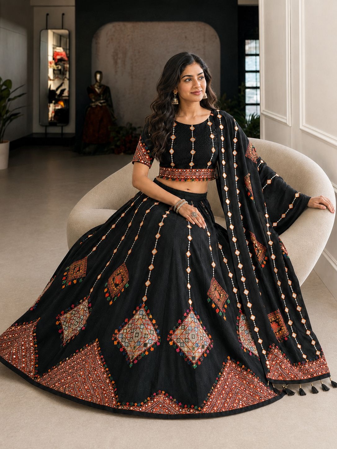 Blue Geometric Designer Cotton Rayon Lehenga Choli