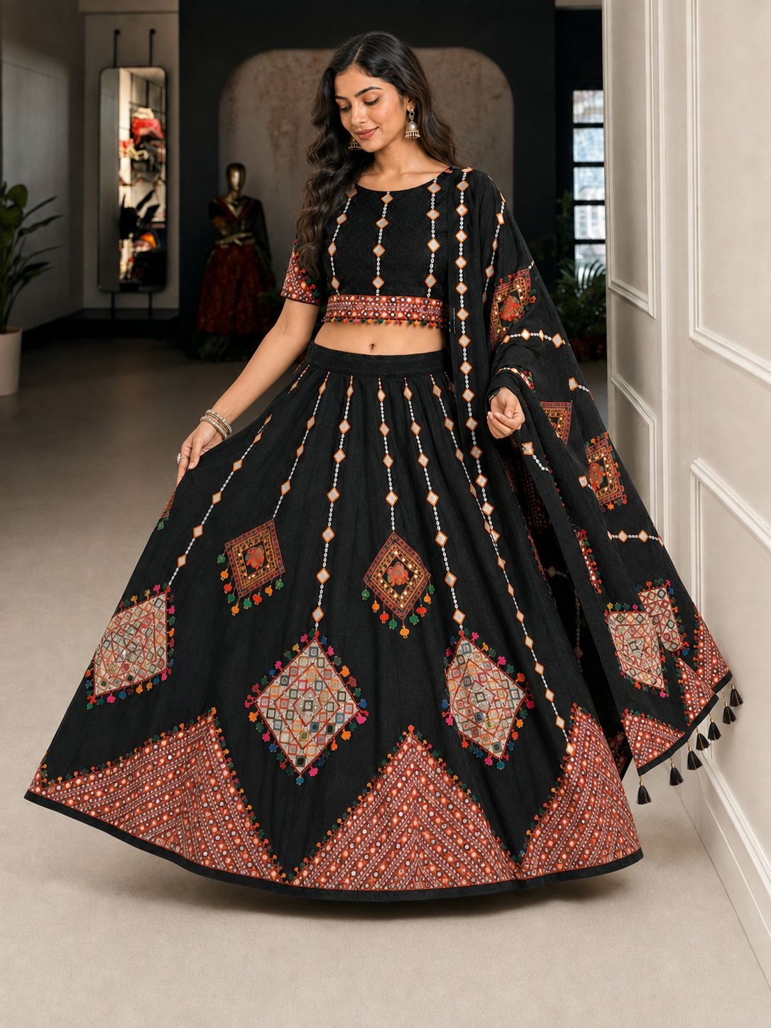 Blue Geometric Designer Cotton Rayon Lehenga Choli