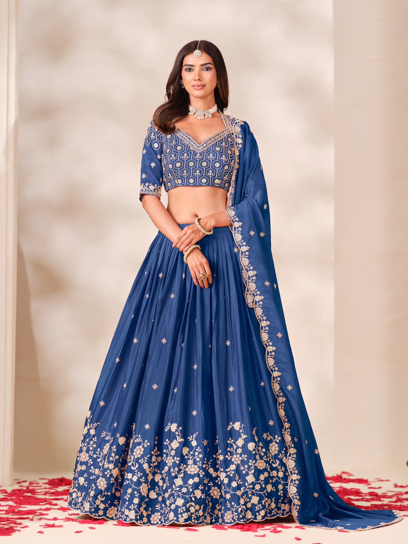 Blue Geometric Designer Embroidery Chinon Lehenga Choli
