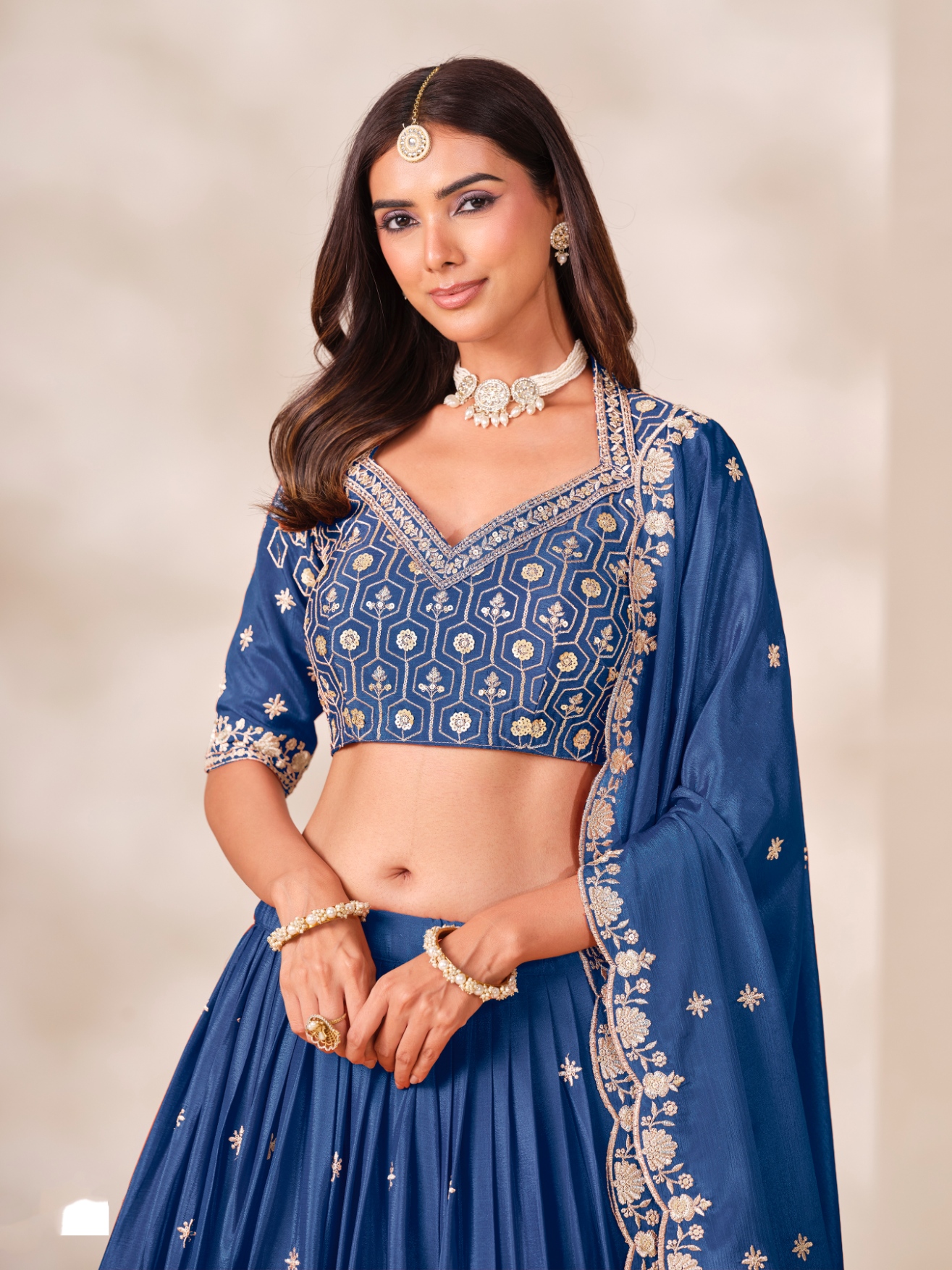 Blue Geometric Designer Embroidery Chinon Lehenga Choli