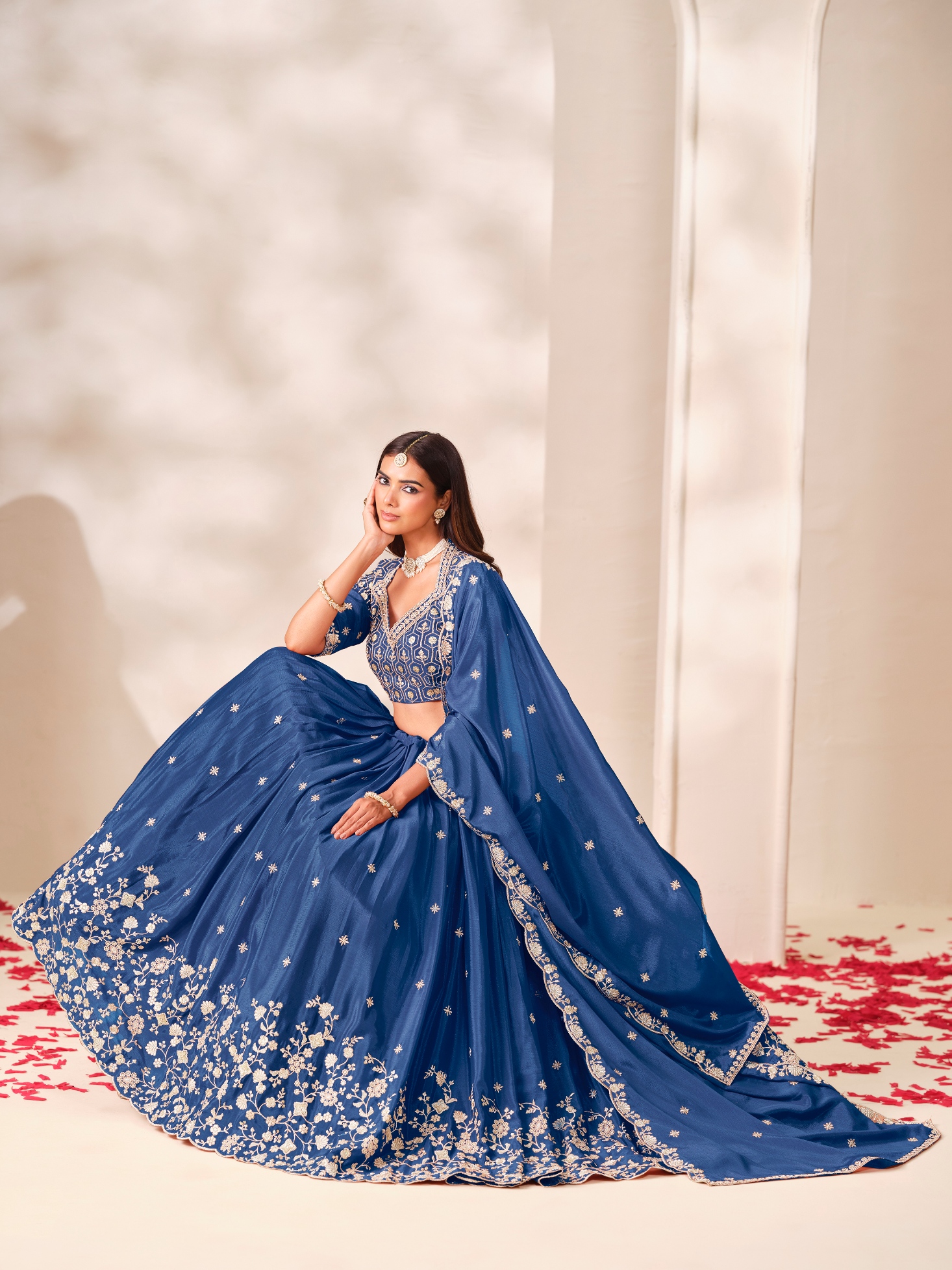 Blue Geometric Designer Embroidery Chinon Lehenga Choli