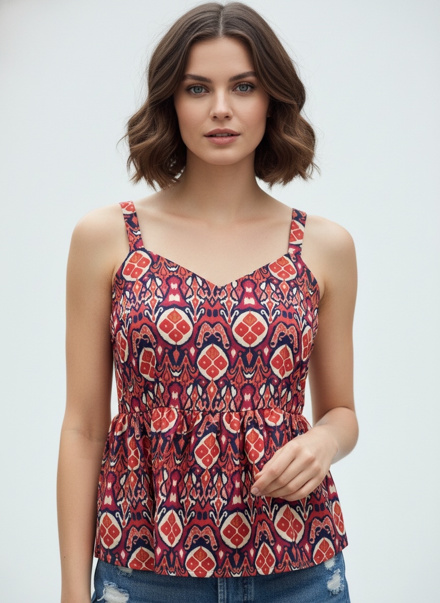 Blue Geometric Designer Printed Poly Crepe Camisole Top
