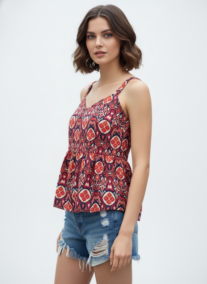 Blue Geometric Designer Printed Poly Crepe Camisole Top