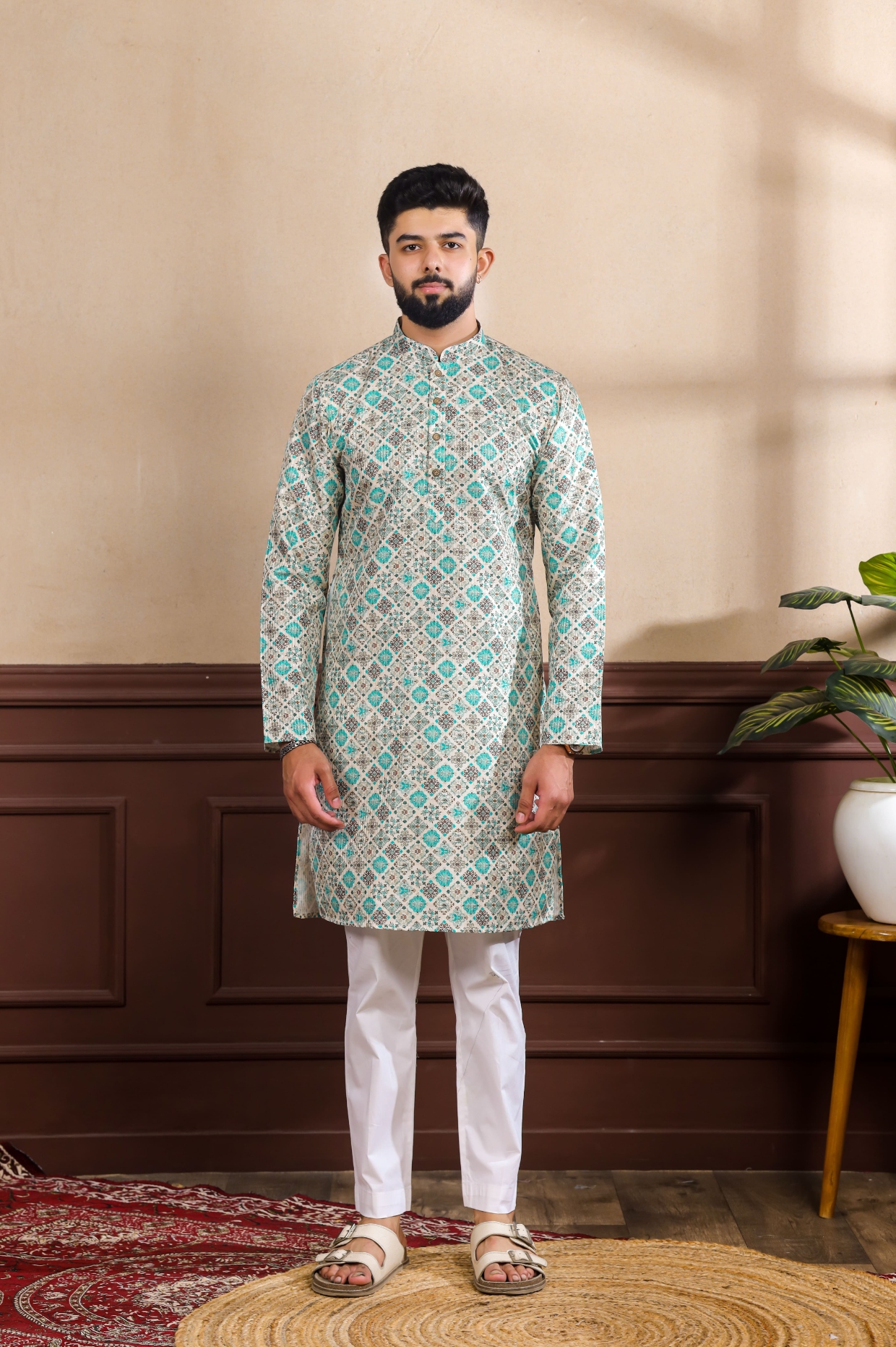Blue Geometric Digital Print Cotton Silk Kurta Pyjama