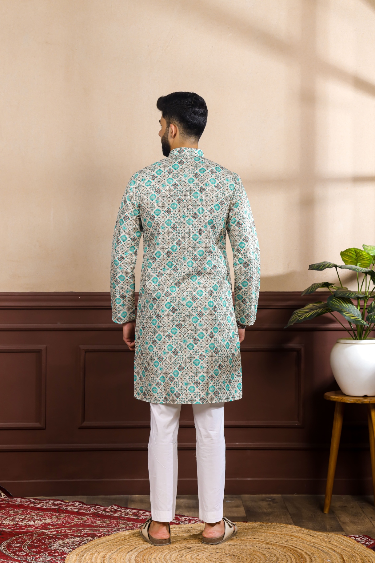 Blue Geometric Digital Print Cotton Silk Kurta Pyjama — alternate view