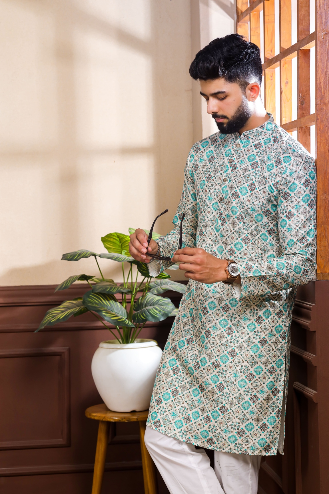 Blue Geometric Digital Print Cotton Silk Kurta Pyjama