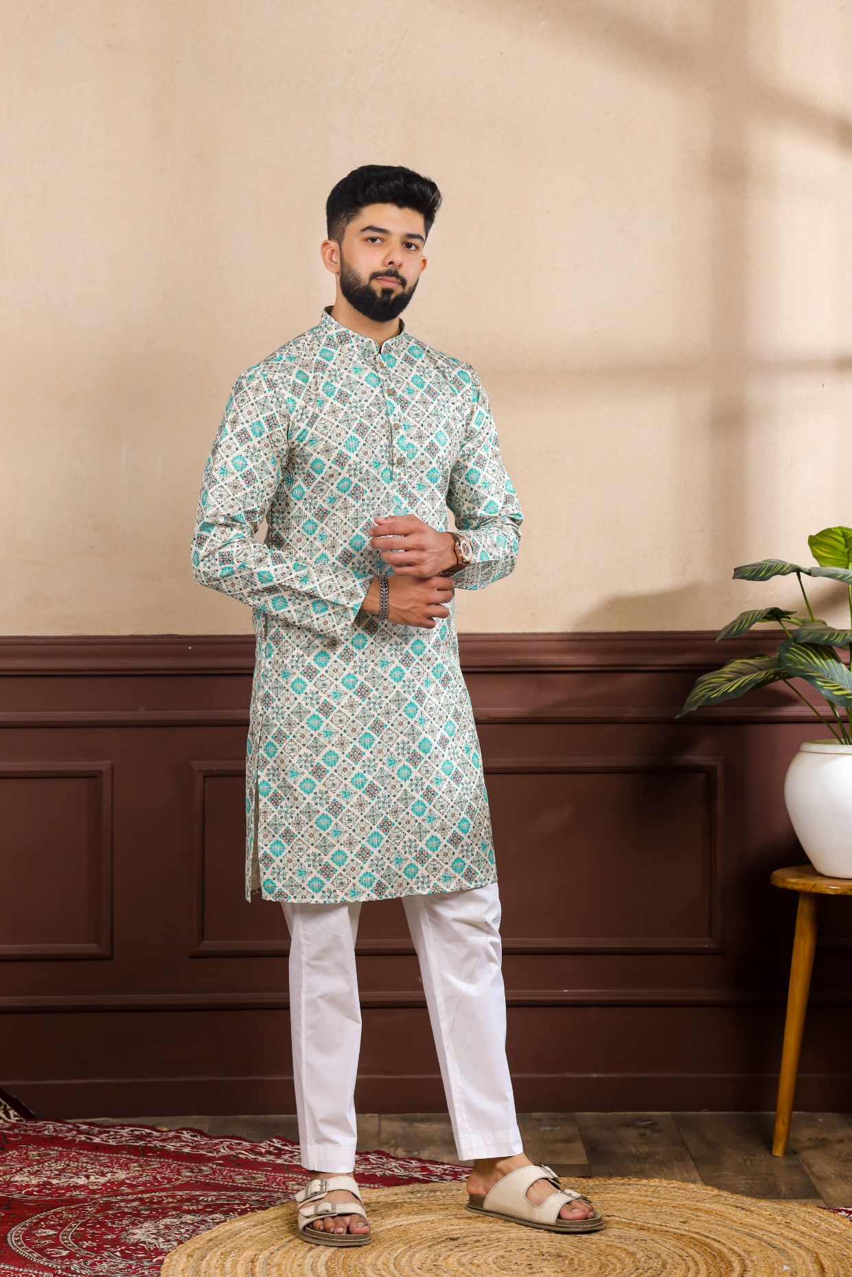 Blue Geometric Digital Print Cotton Silk Kurta Pyjama