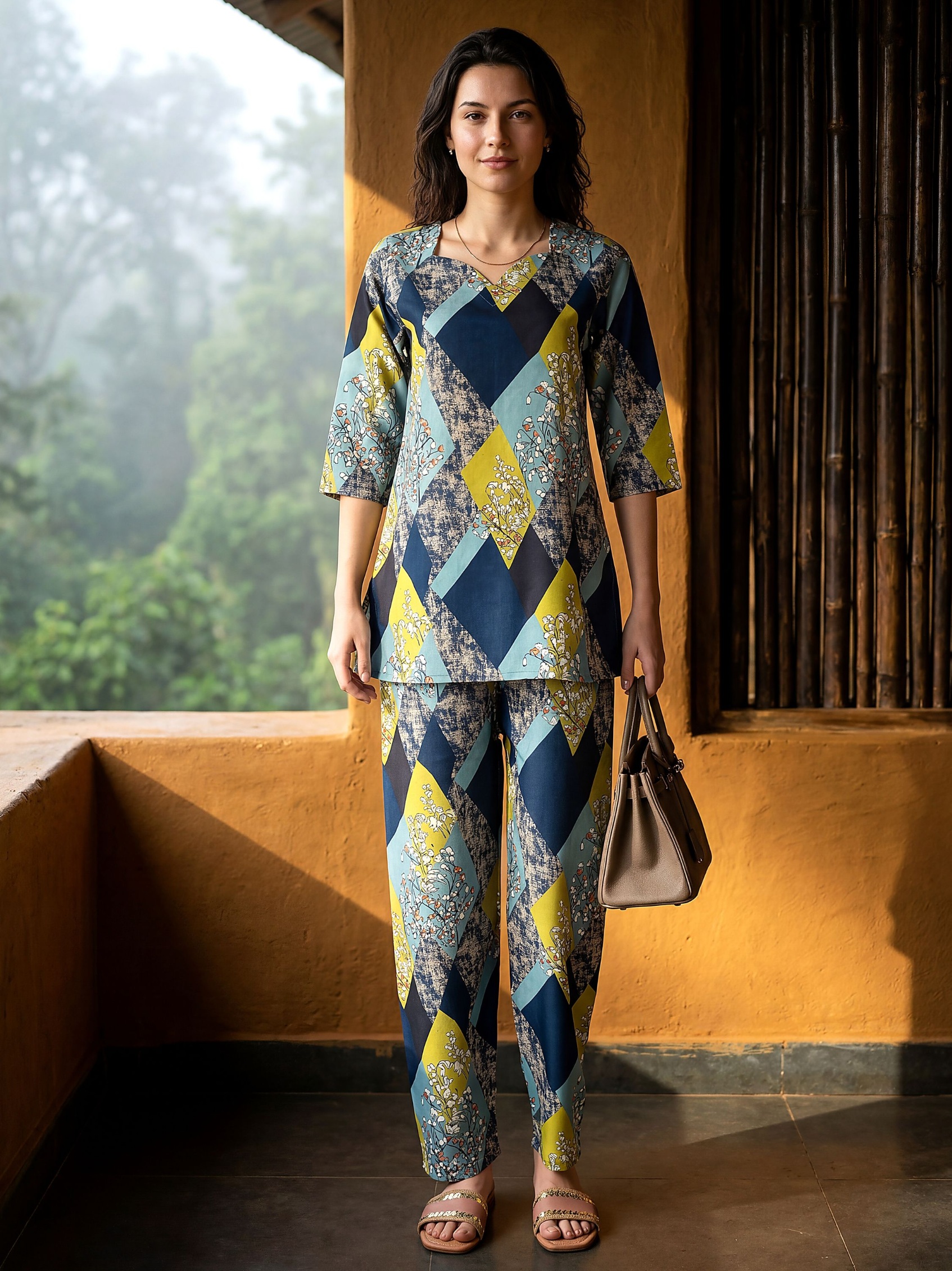 Blue Geometric Digital Print Rayon Blend Co-Ord Set