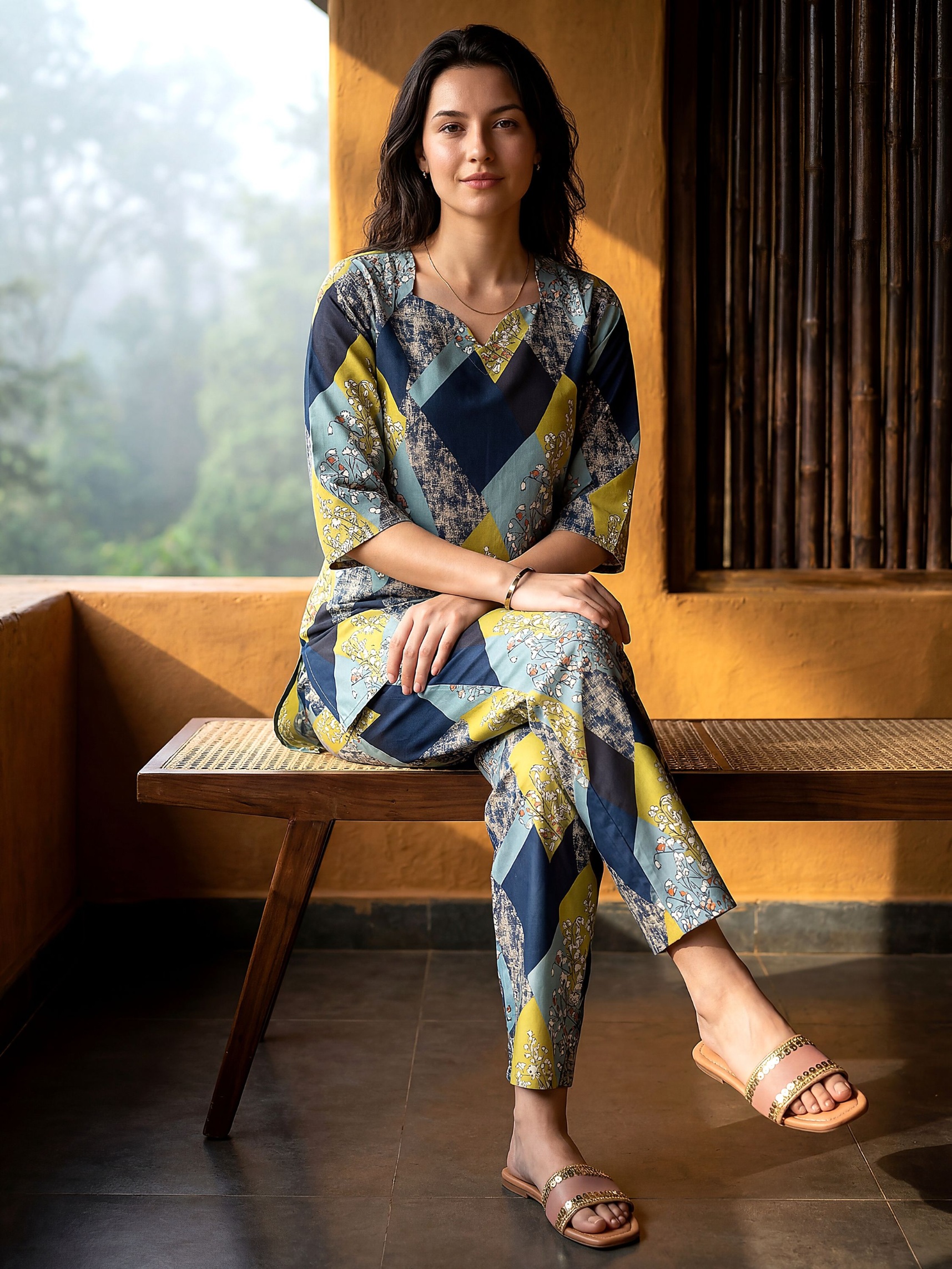 Blue Geometric Digital Print Rayon Blend Co-Ord Set