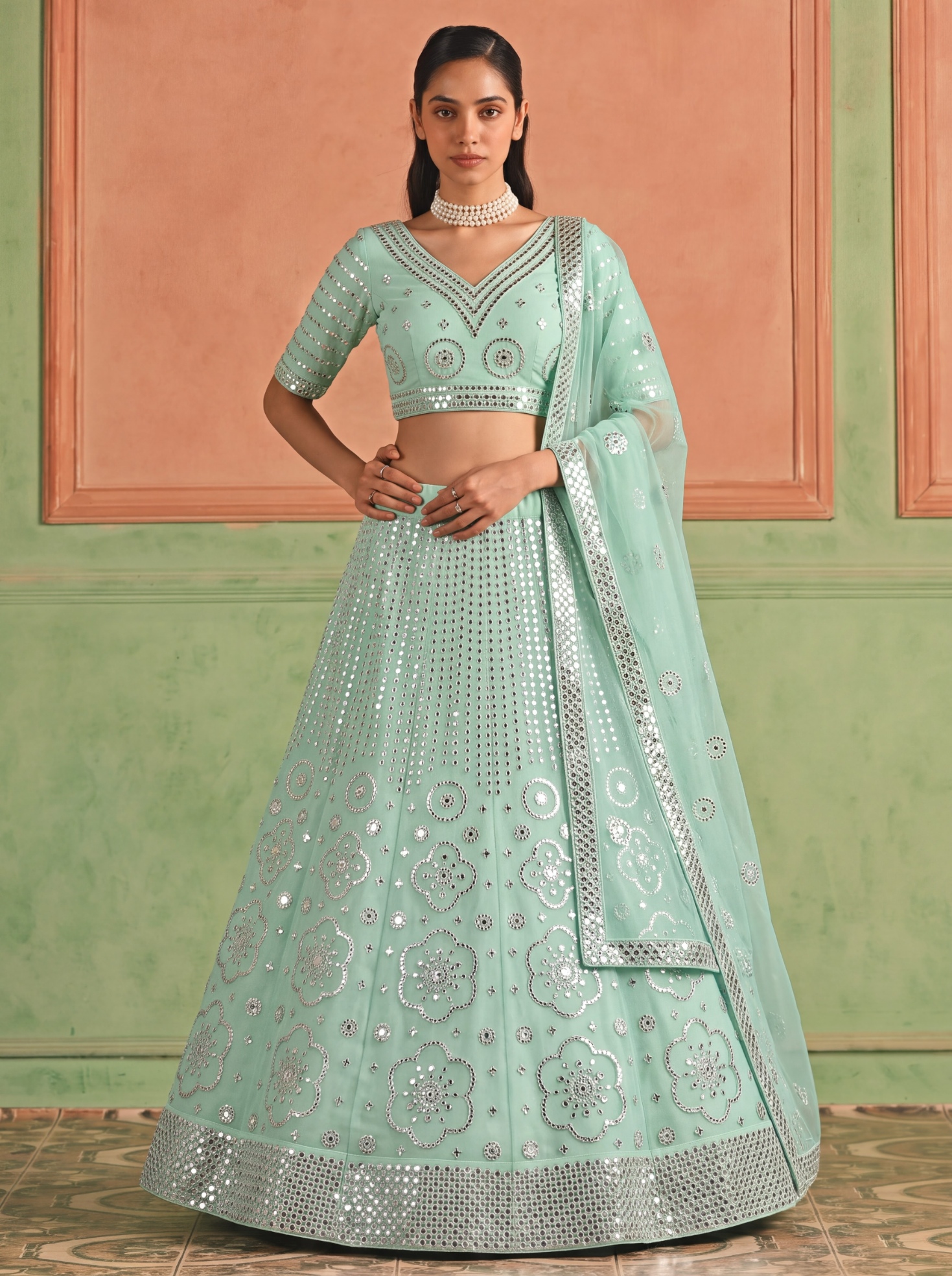 Blue Geometric Embroidered Organza Lehenga Choli