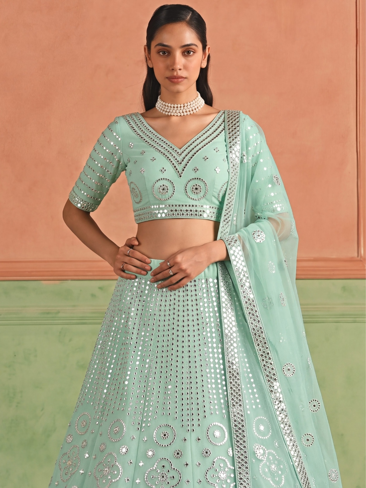 Blue Geometric Embroidered Organza Lehenga Choli