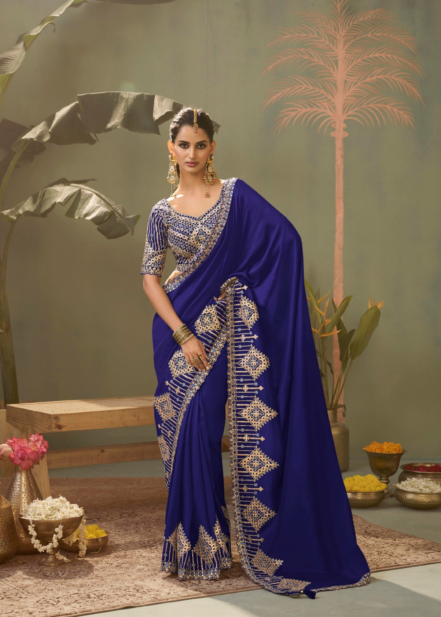 Blue Geometric Gota Patti Bamber Silk Saree