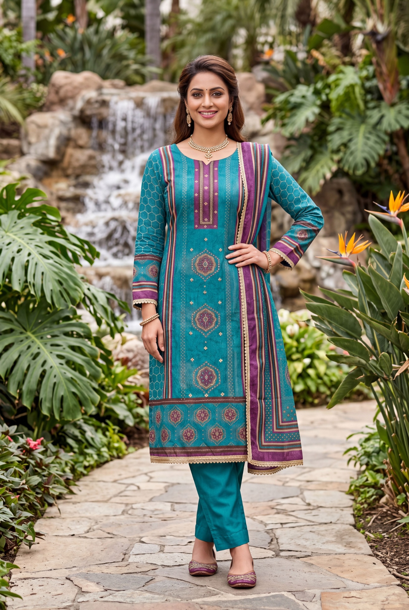Blue Geometric Handwork Cotton Silk Straight Suit