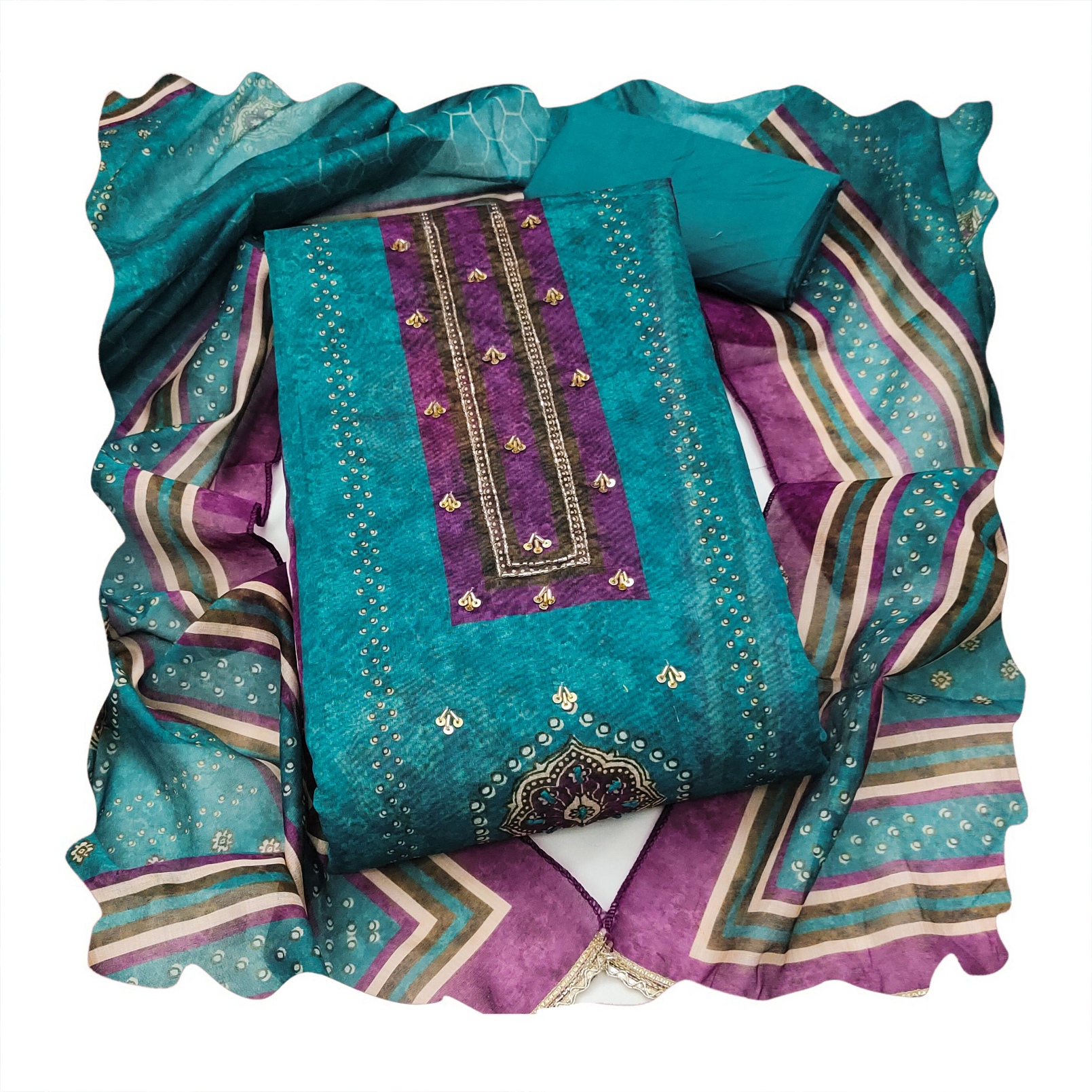 Blue Geometric Handwork Cotton Silk Straight Suit — alternate view