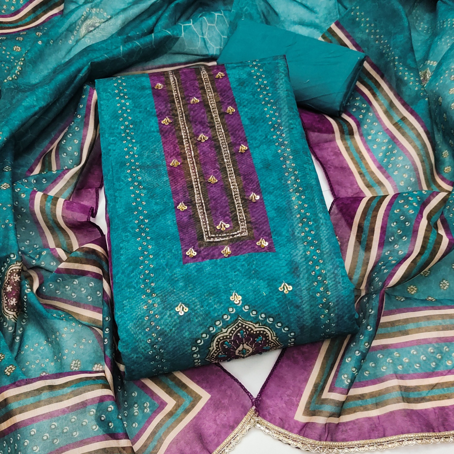 Blue Geometric Handwork Cotton Silk Straight Suit