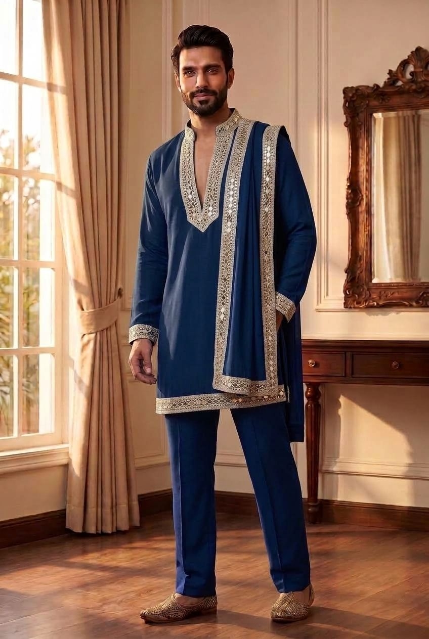 Blue Geometric Mirrorwork Lachaka Kurta Pyjama